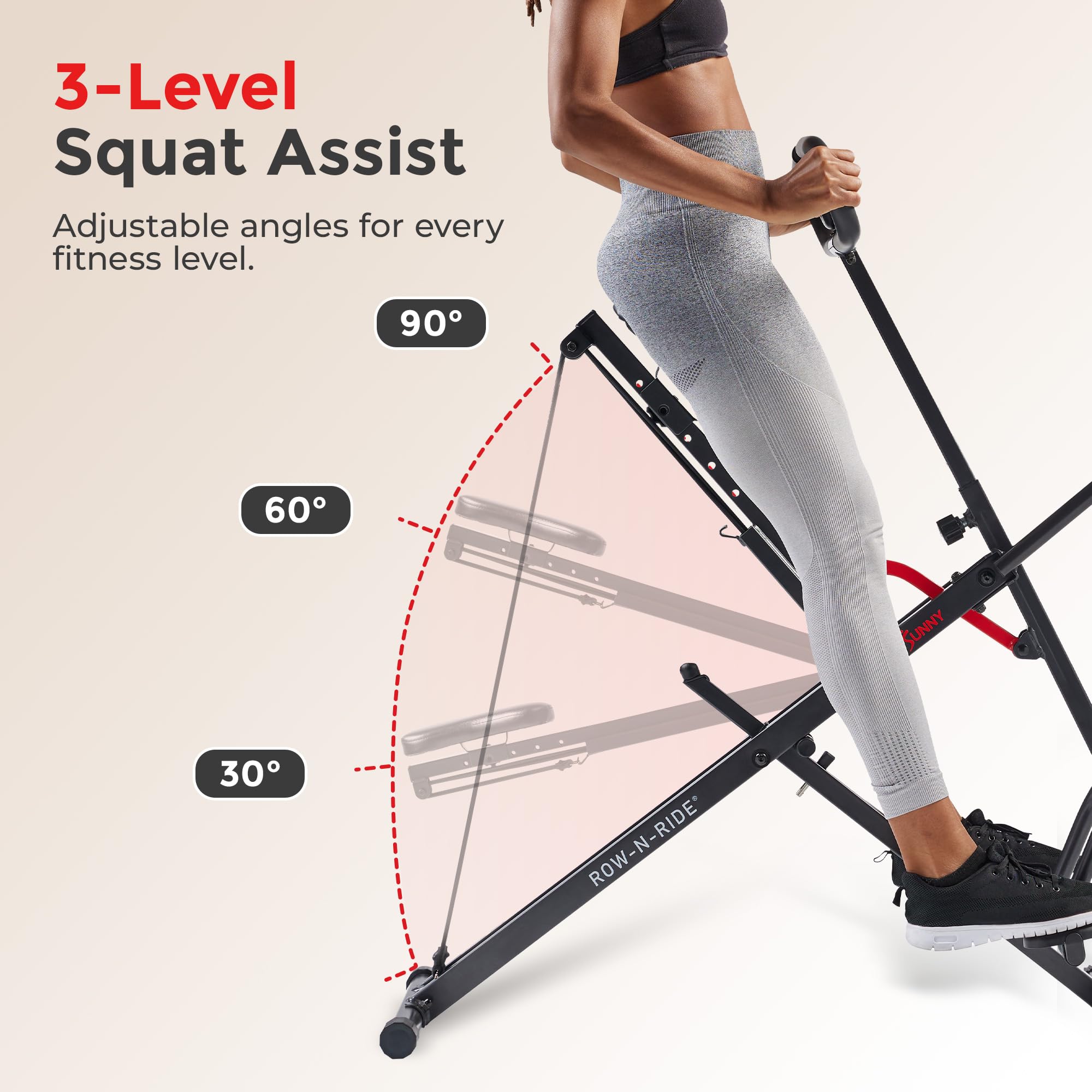 Sunny Health & Fitness Smart Upright Row-N-Ride Exerciser, Squat Assist Trainer for Glutes Workout with Adjustable Resistance, E