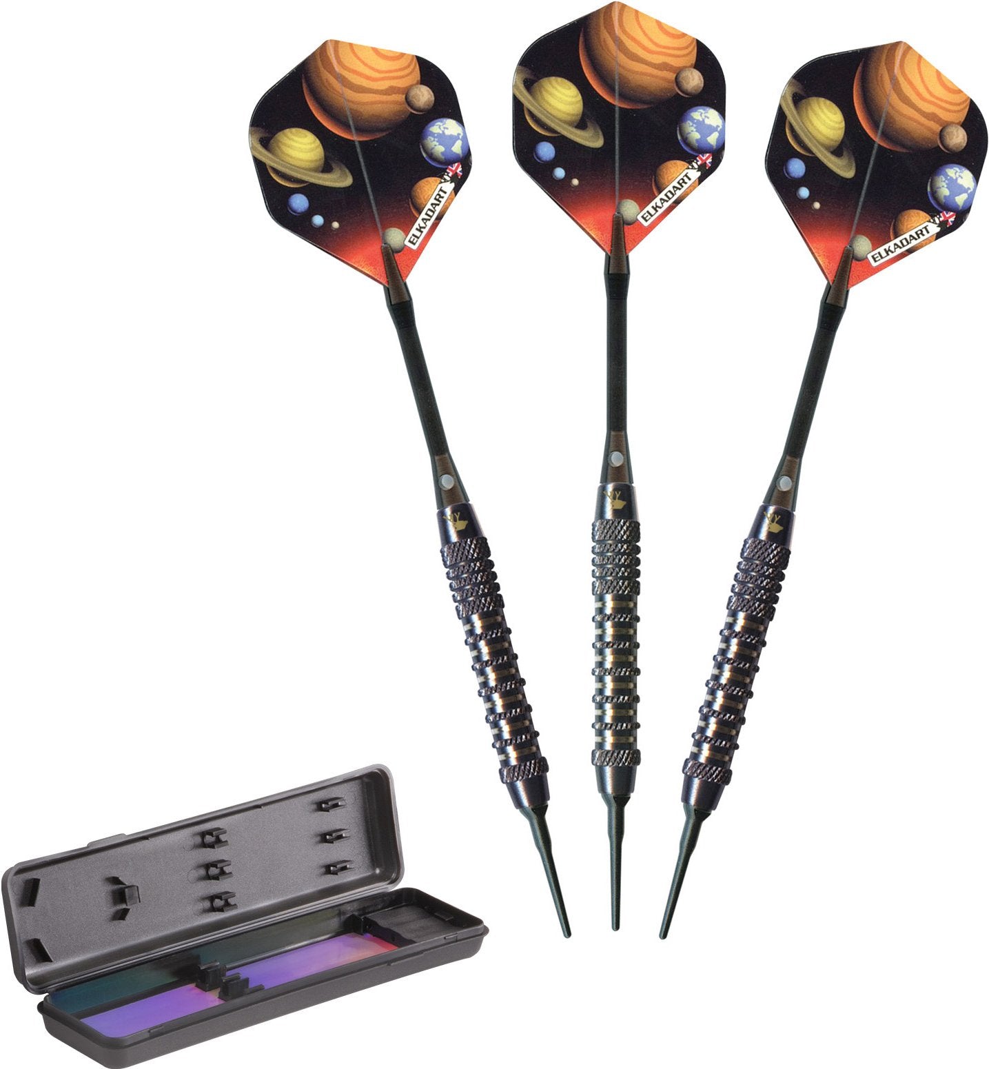 Elkadart Orbital Soft Tip Darts With Storage/Travel Case, Knurled Ringed Barrel, 18 Grams