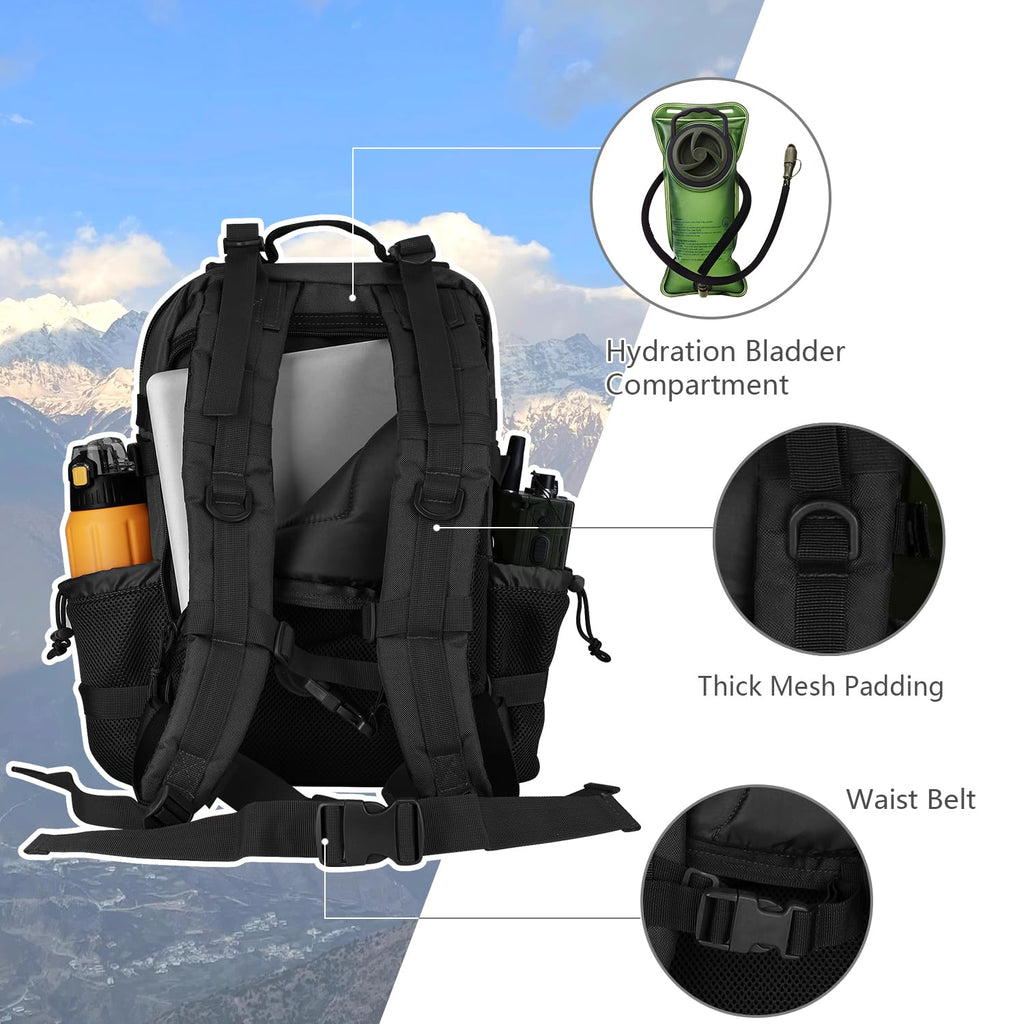 Hannibal Tactical 30L Molle Assault Pack, Tactical Backpack Military Army Camping Rucksack With Bottle Holder, 3-Day Pack, Black