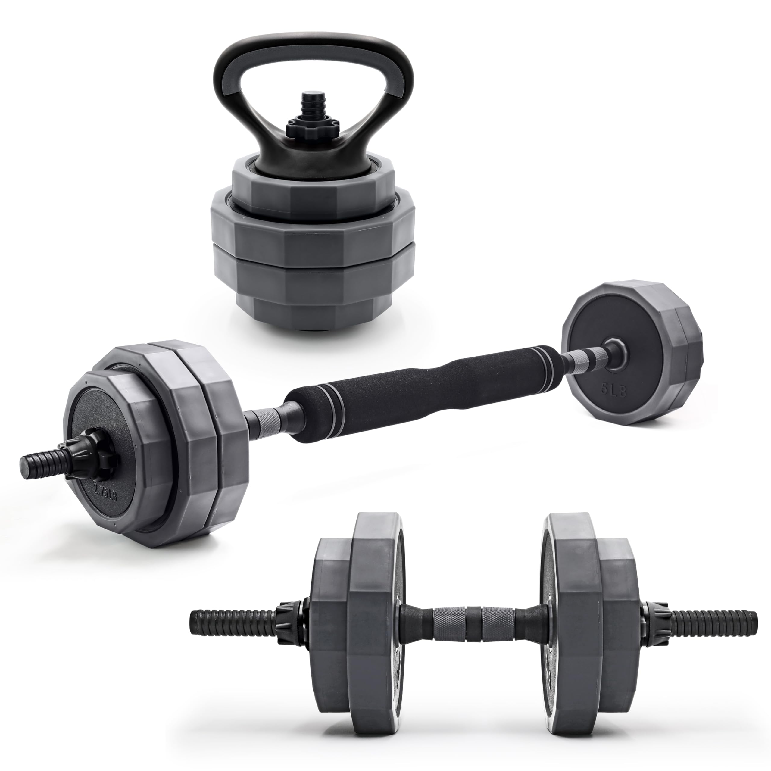 Cap Barbell 66 Lb Multi-Use Adjustable Weight Set - Versatile Dumbbell, Barbell & Kettlebell For Full-Body Workouts | Gray