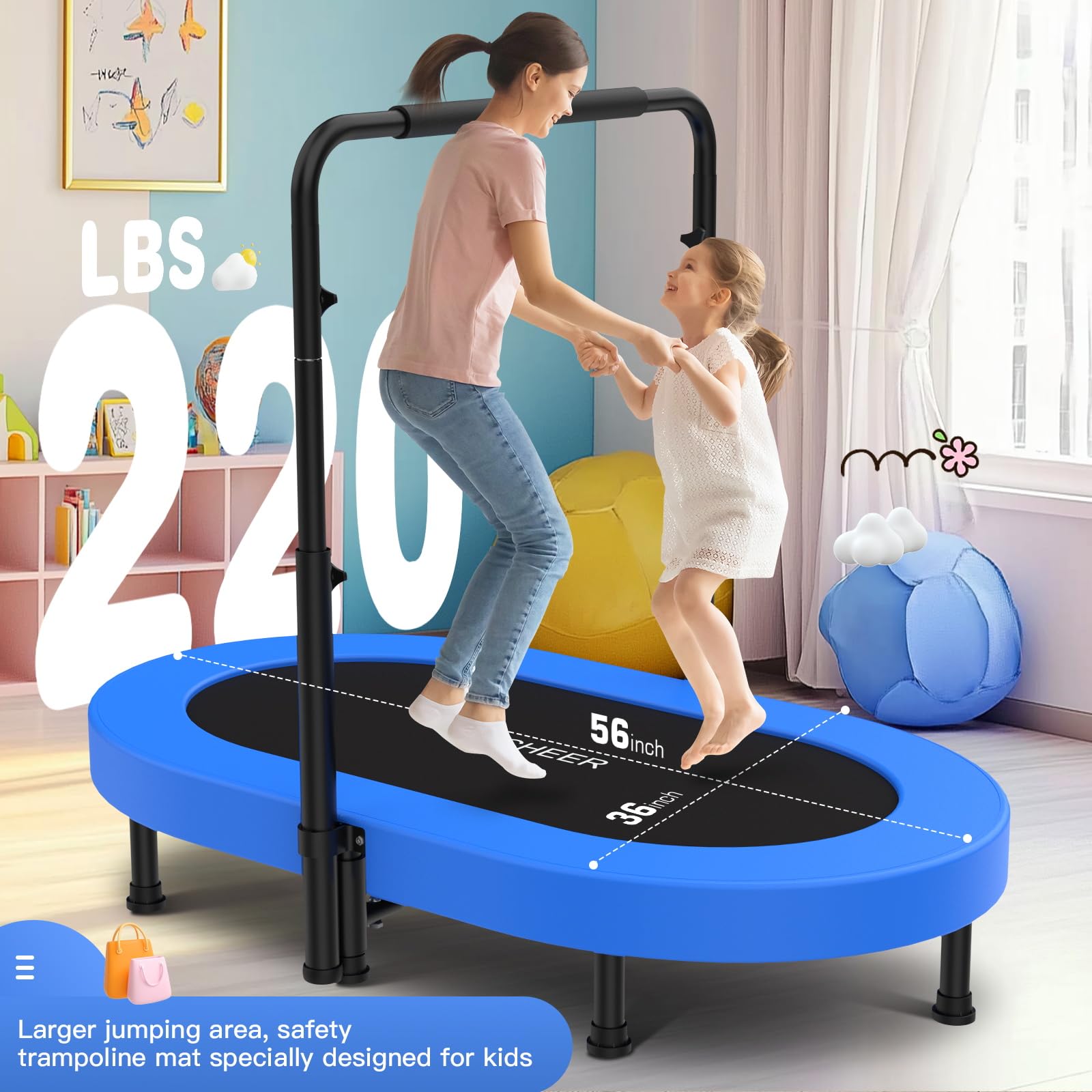 Ancheer Foldable Trampoline, Mini Rebounder Trampoline With Adjustable Handle, Exercise Trampoline For Indoor/Garden/Workout Car