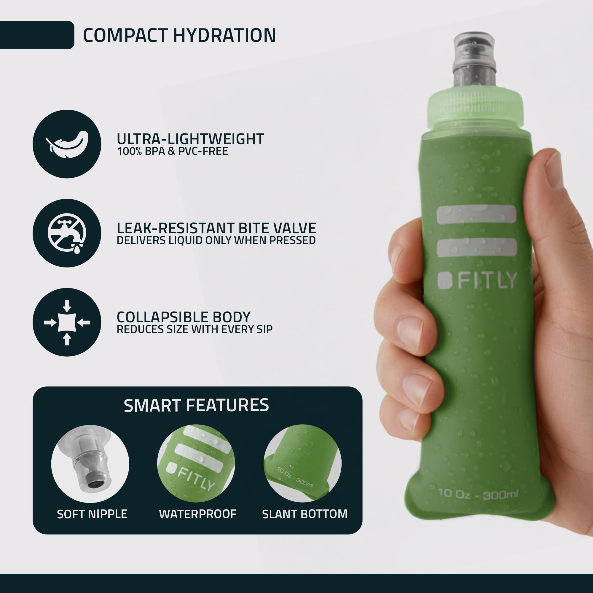 FITLY Soft Flask - (300 ml) - Shrink As You Drink Pocket Soft Water Bottle for Hydration Pack/Running Vest - Folding Water Bottl