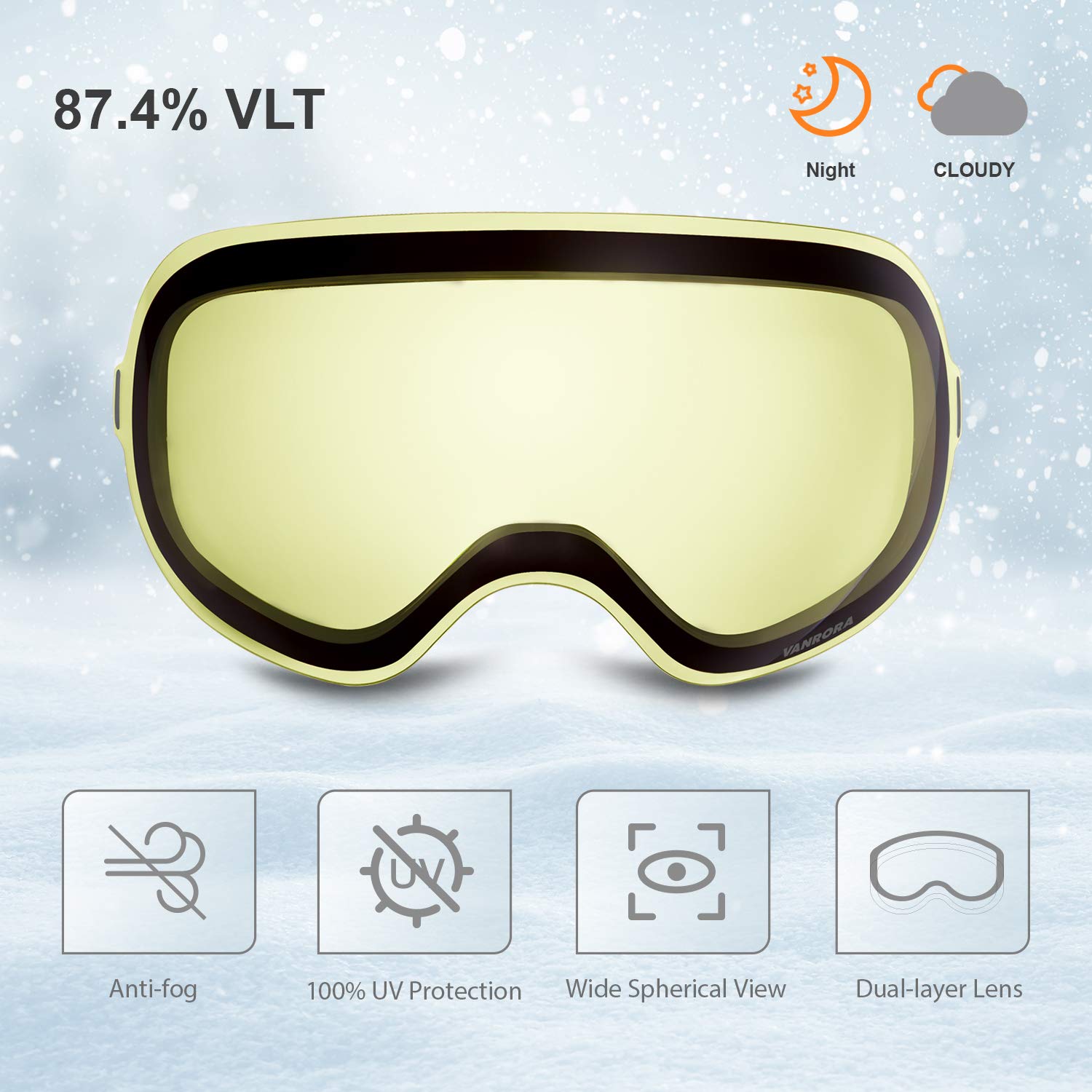 Vanrora X-Mag Ski Goggles Replacement Lens, Vlt 87.4% Yellow Lens