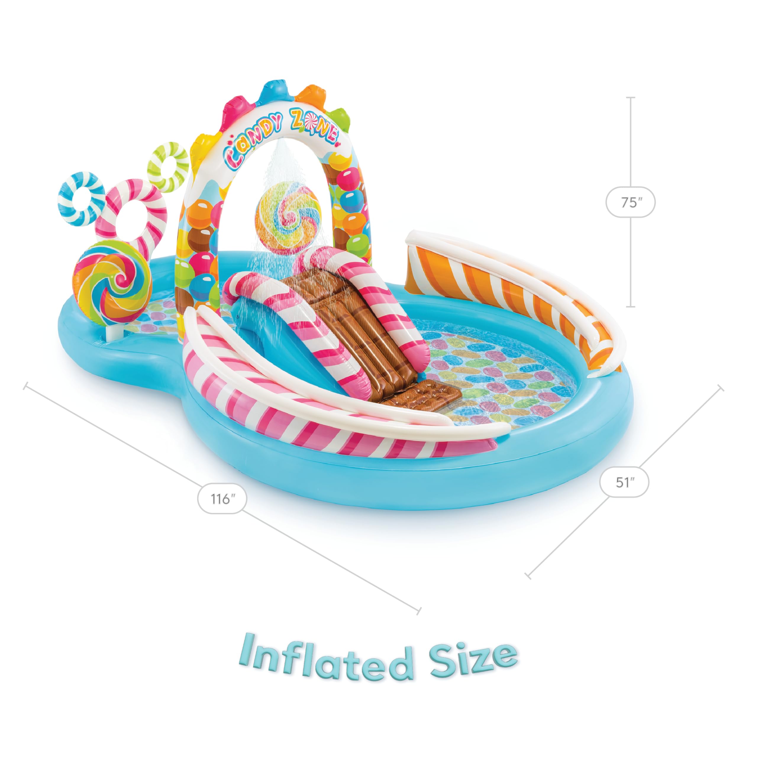 Intex Candy Zone Inflatable Kiddie Pool: Inflatable Kids Pool With Water Sprayer And Slide - Splash Pad - 116'' X 75'' X 51'' -