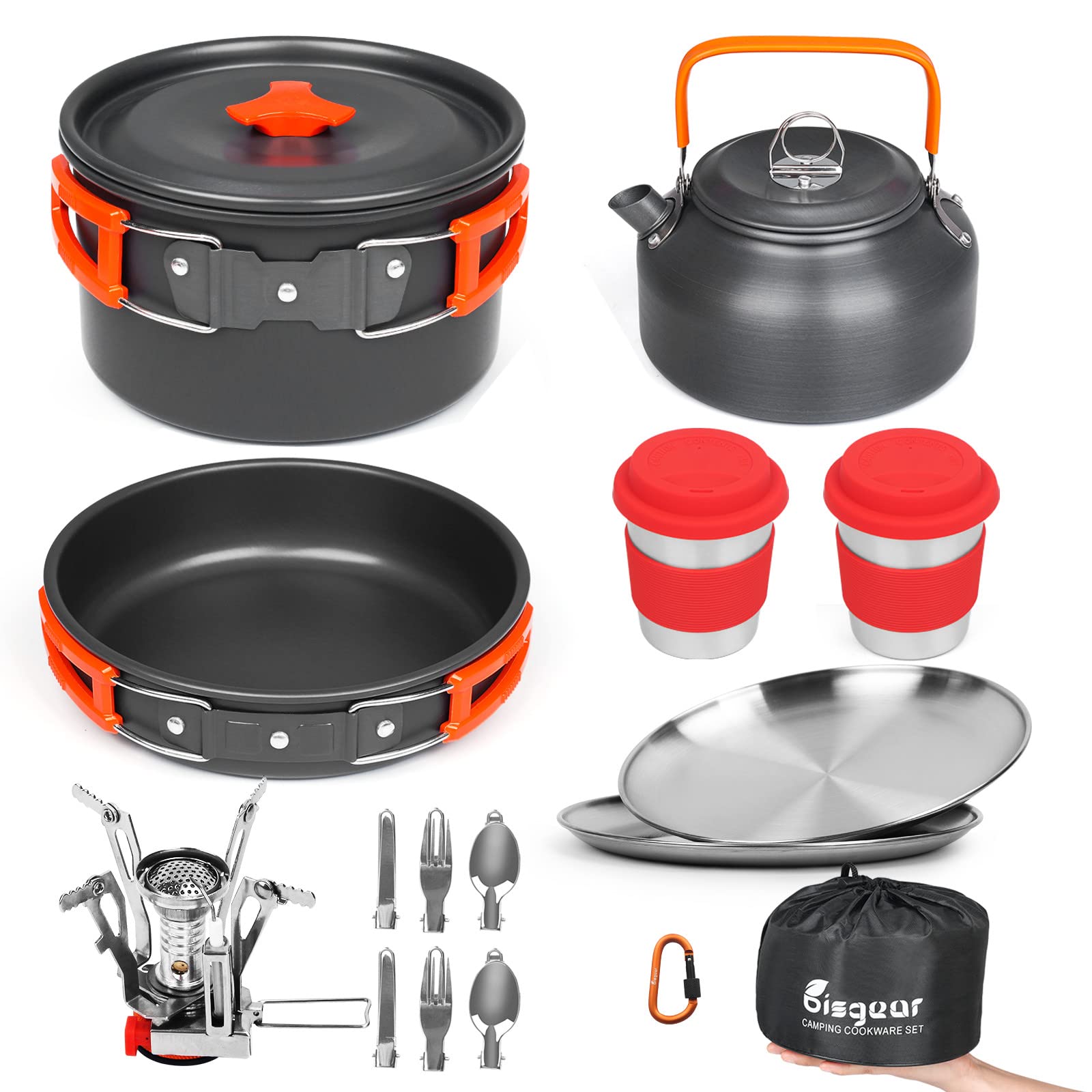Bisgear Camping Cookware Kettle Backpacking Stove Mess Kit, Camping Pots And Pans Set With Cups Plates Utensils, Camping Kitchen