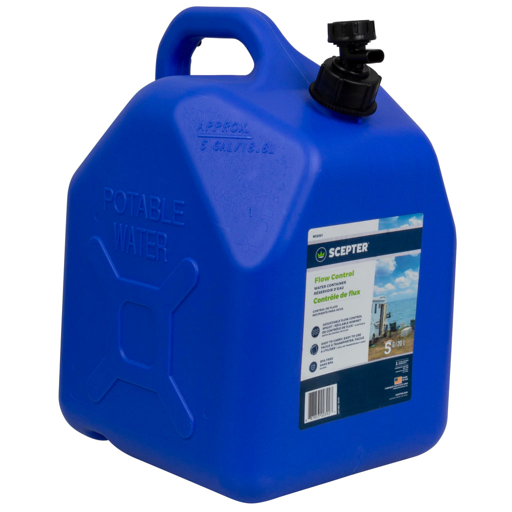 Scepter Flow Control 5 Gallon Water Jug With Spigot, Leak-Proof Heavy Duty Water Can For Camping Supplies, Storage, Hurricanes A