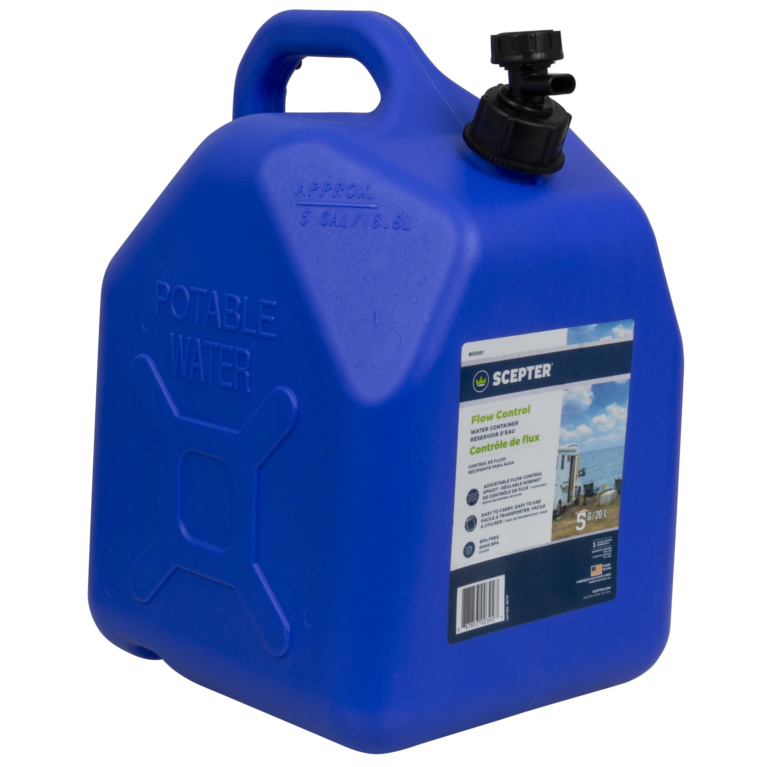 Scepter Flow Control 5 Gallon Water Jug With Spigot, Leak-Proof Heavy Duty Water Can For Camping Supplies, Storage, Hurricanes A