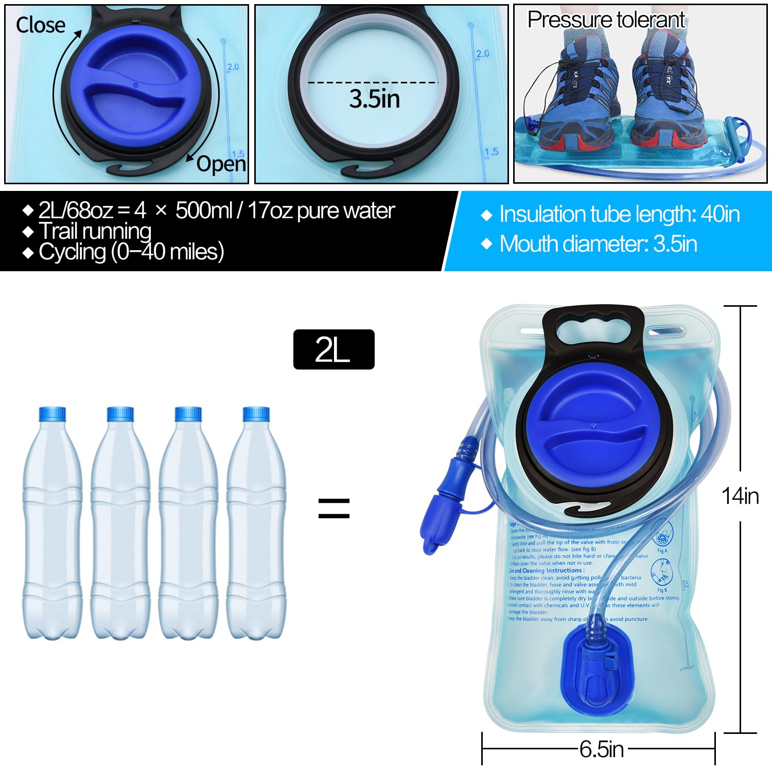Mdvora 2L Hydration Bladder Cleaning Kit, Large Opening Water Bladder For Cycling Hiking Camping