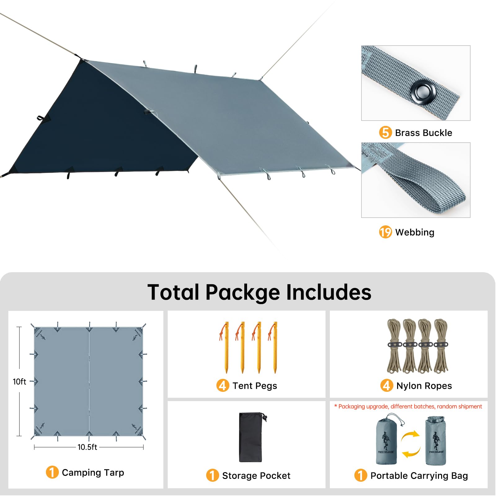 Free Soldier Camping Tarp Waterproof Portable Multifunctional Outdoor Traveling Awning Backpacking Shelter Rain Tarp (Blue Gray