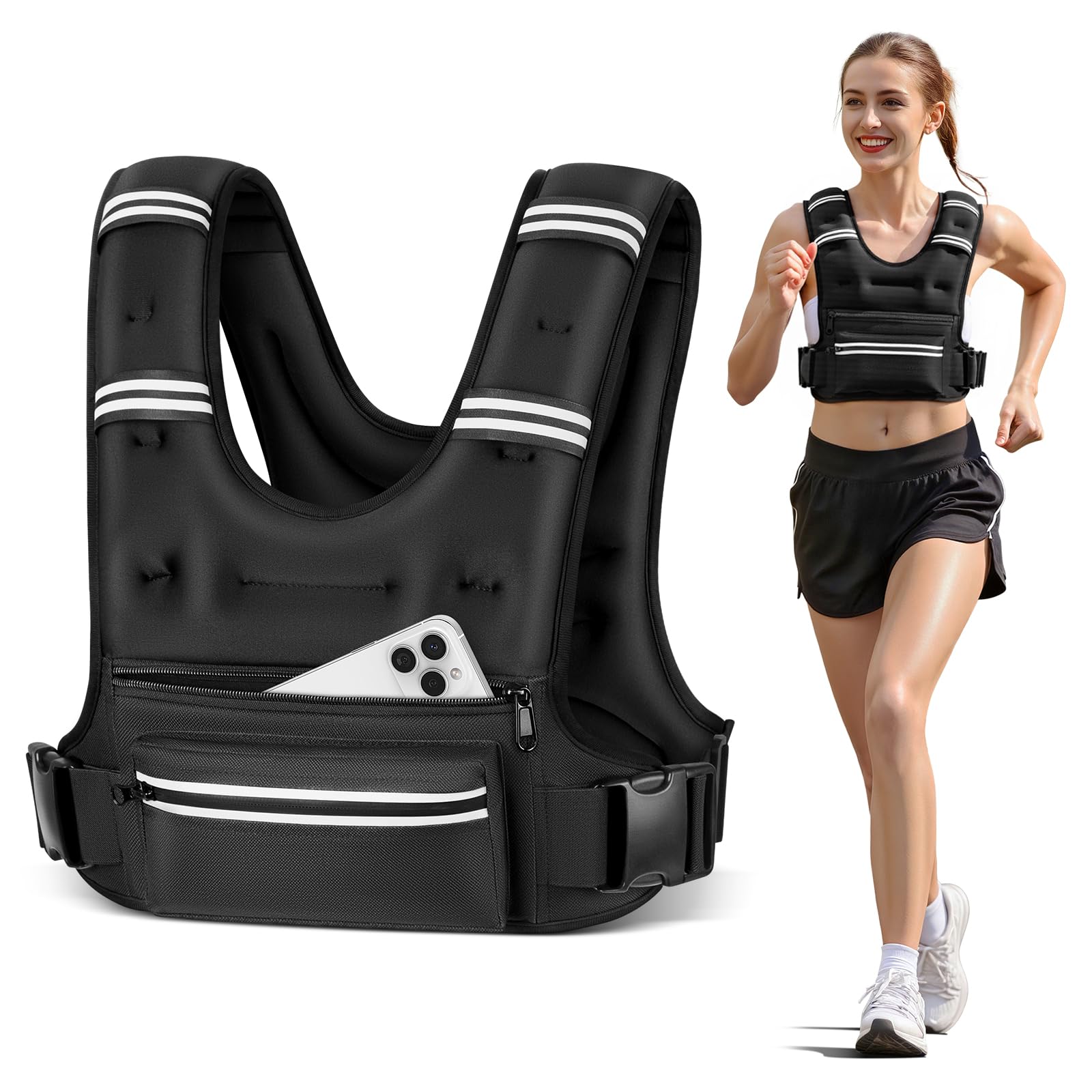 Mieakvool Weighted Vests for Women Men, 8 12 16 20 lb Weighted Vest with Storage Pockets, Rucking Vest with Reflective Stripe, A