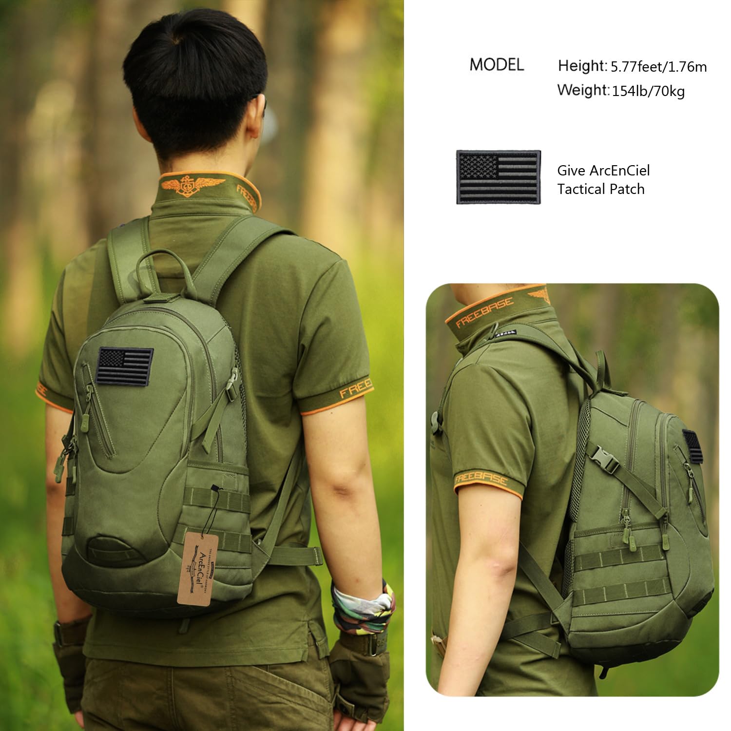 Arcenciel 15L Motorcycle Backpack Tactical Bag Rucksacks For Outdoor Camping Trekking Hunting With Patch(Green)