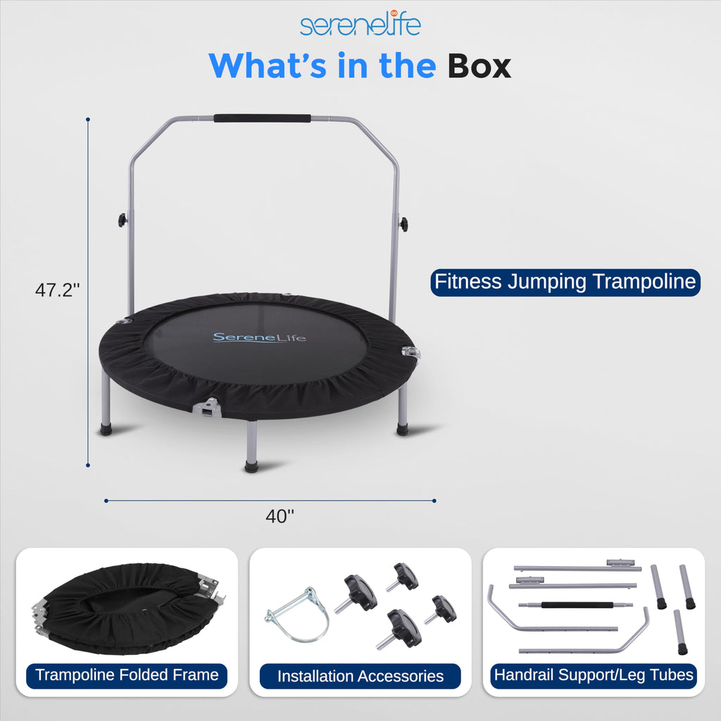 Serenelife 40 Foldable Mini Trampoline - Compact Fitness Trampoline For Kids Adults, Exercise Rebounder With Adjustable Foam Han