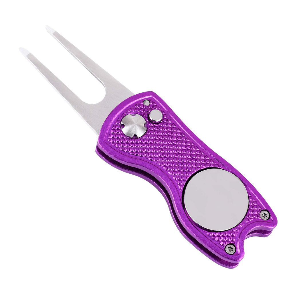 Mile High Life All Metal Foldable Golf Divot Tool With Pop-Up Button & Magnetic Ball Marker (Purple Fish)