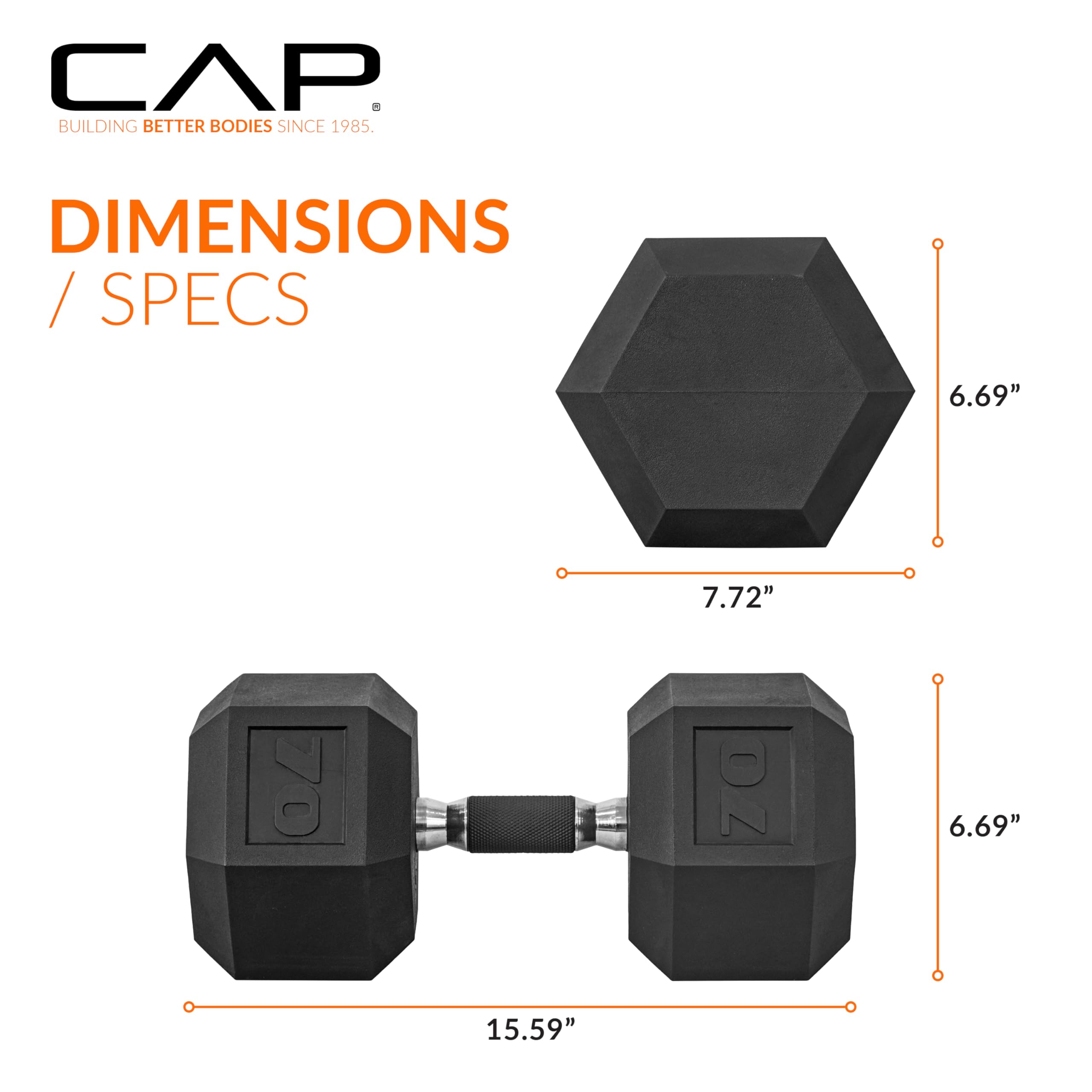 CAP Barbell 70 LB Rubber Coated Hex Dumbbell Hand Weight with Padded Grip - Pair | Comfort Grip
