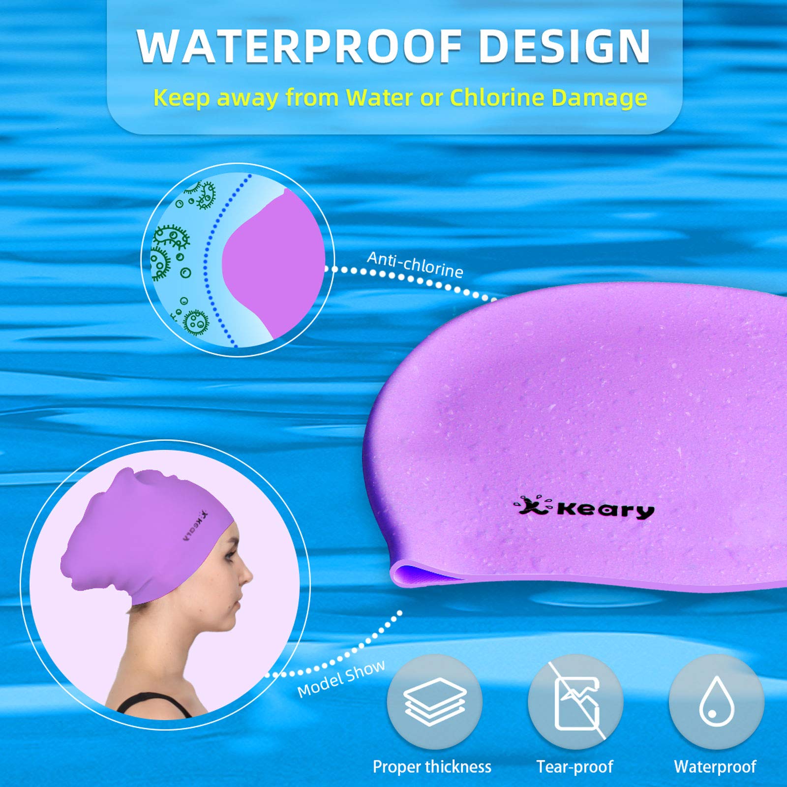 Keary 2 Pack Silicone Swim Cap For Long Hair Women Girls Waterproof Pool Swimming Cap Cover Ears To Keep Your Hair Dry, 3D Ergon