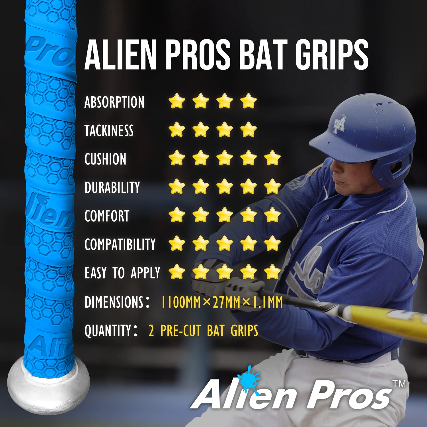 Alien Pros Bat Grip Tape For Baseball (2 Grips) - 1.1 Mm Precut And Pro Feel Bat Tape - Replacement For Old Baseball Bat Grip -