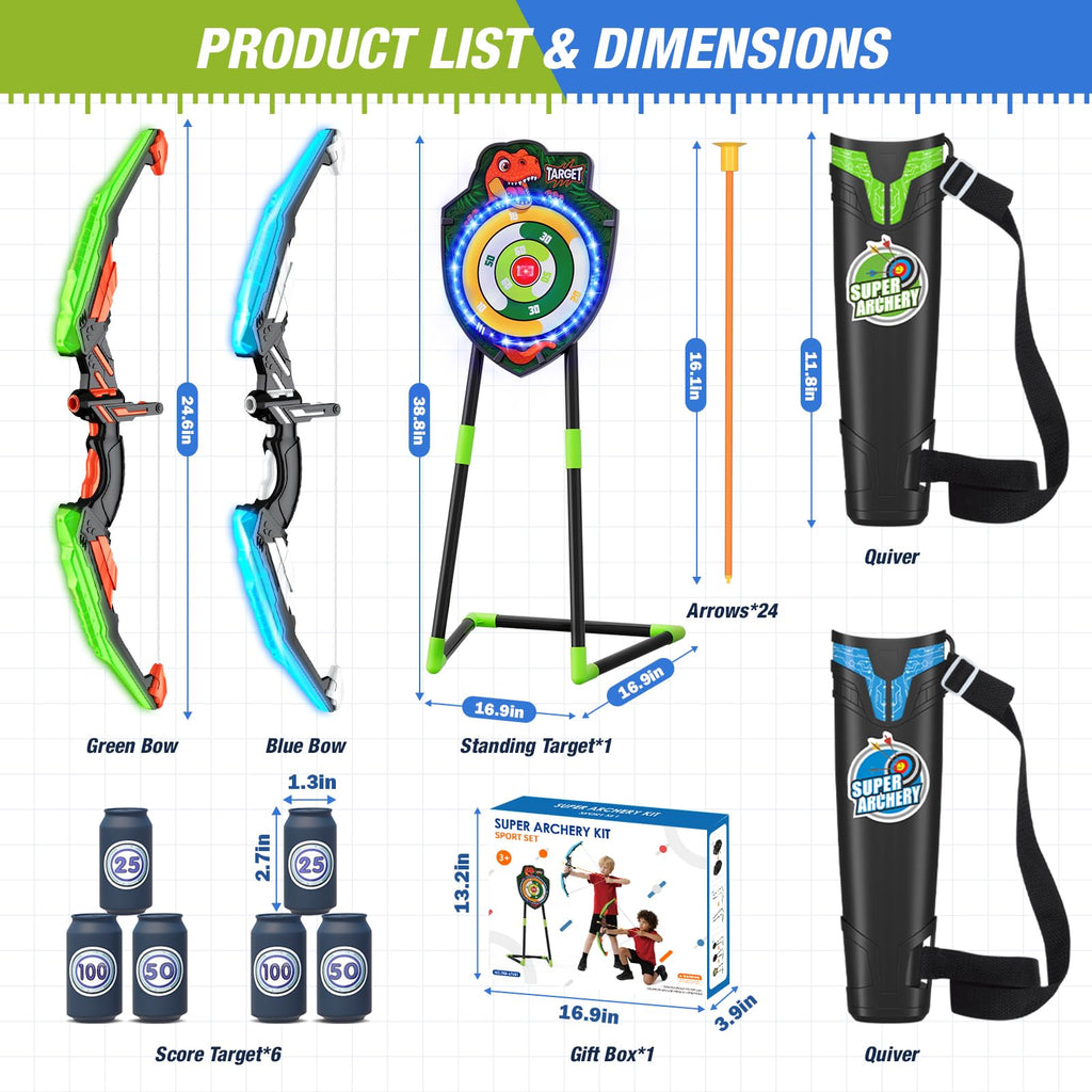 HYES 2 Pack Kids Bow and Arrow, LED Light Up Archery Set with 24 Suction Cup Arrows, Indoor Outdoor Sport Dinosaur Toys Gifts fo