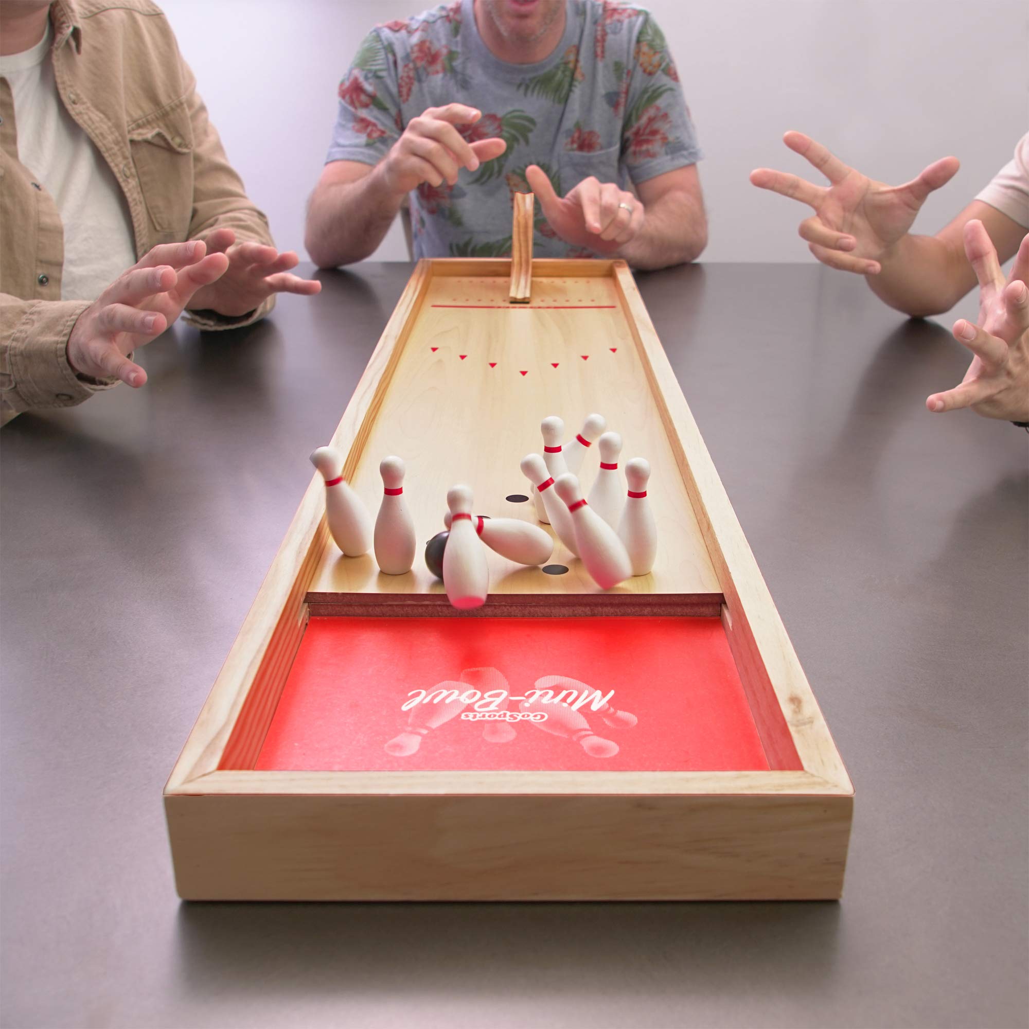 Gosports Mini Wooden Tabletop Bowling Game Set For Kids & Adults - Includes 1 Bowling Alley Board, 1 Launch Ramp, 2 Mini Bowling