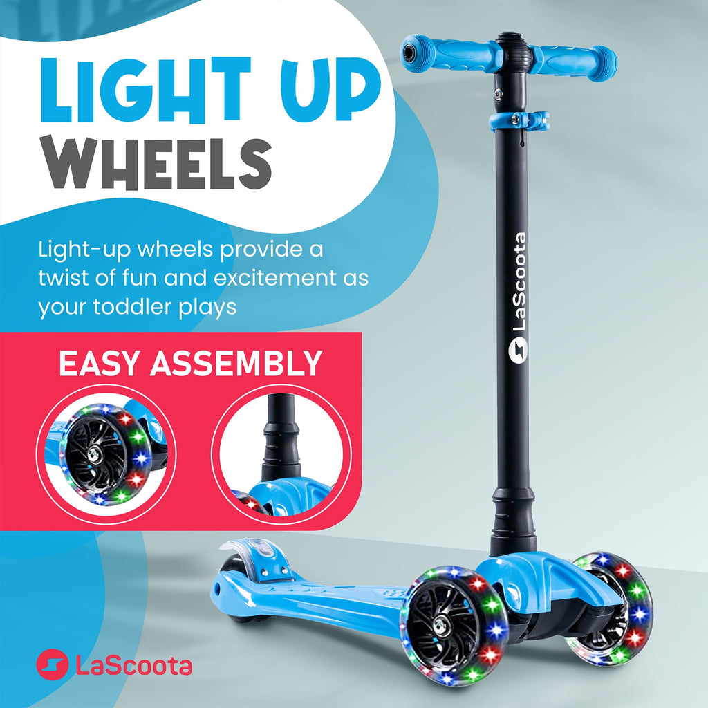 Lascoota 3-Wheel Kids Scooter - Removable Seat, Adjustable Handlebar, Light-Up Wheels & Lean-to-Steer for Toddler Scooter - Blue