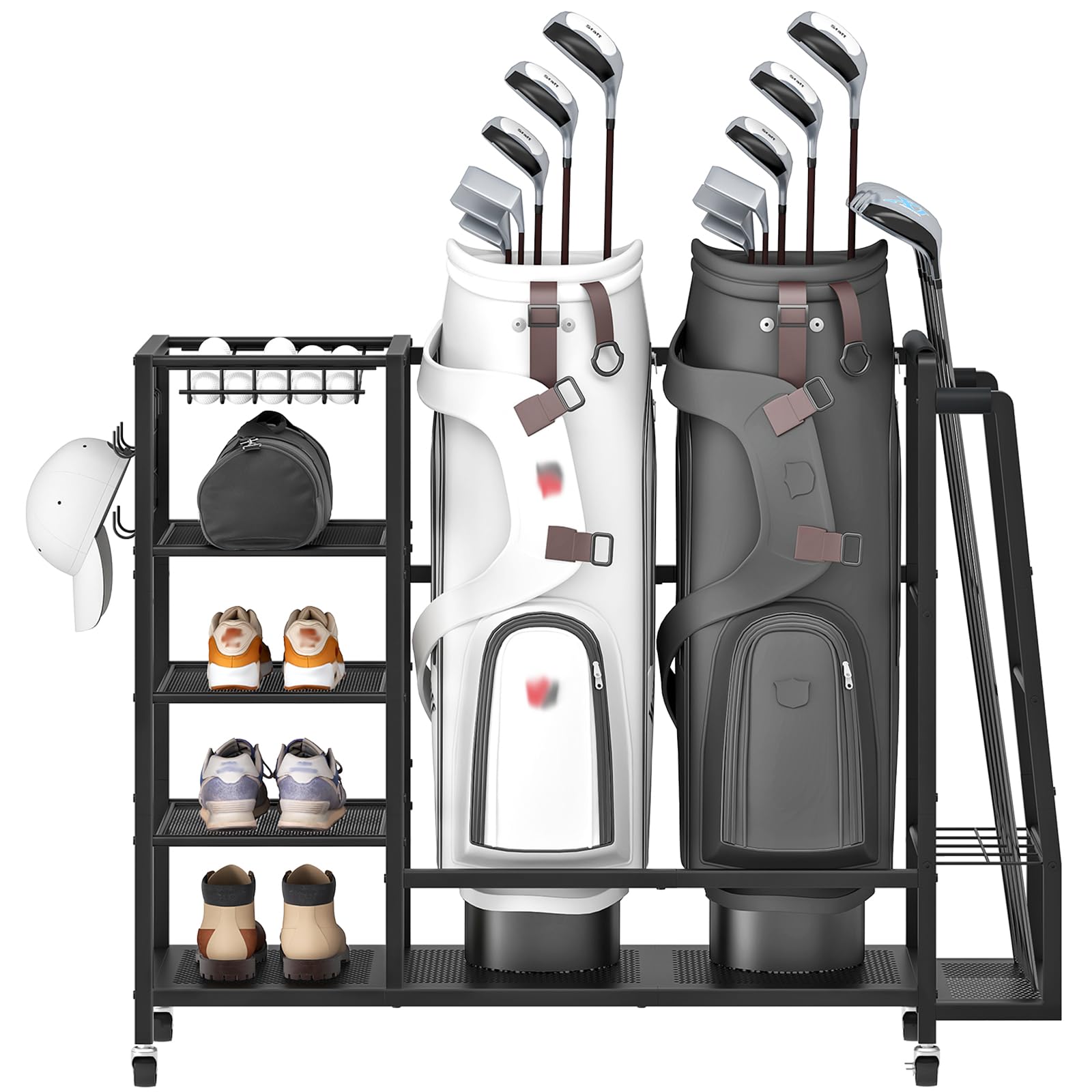HOOBRO Golf Bag Storage Garage Organizer, Golf Bag Storage Stand Fits 2 Golf Bags and Golf Equipment Rack with Wheels, Extra Sto