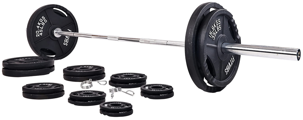 Signature Fitness Cast Iron Olympic 2-Inch Weight Plates Including 7FT Olympic Barbell, 325-Pound Set (280 Pounds Plates + 45 Po