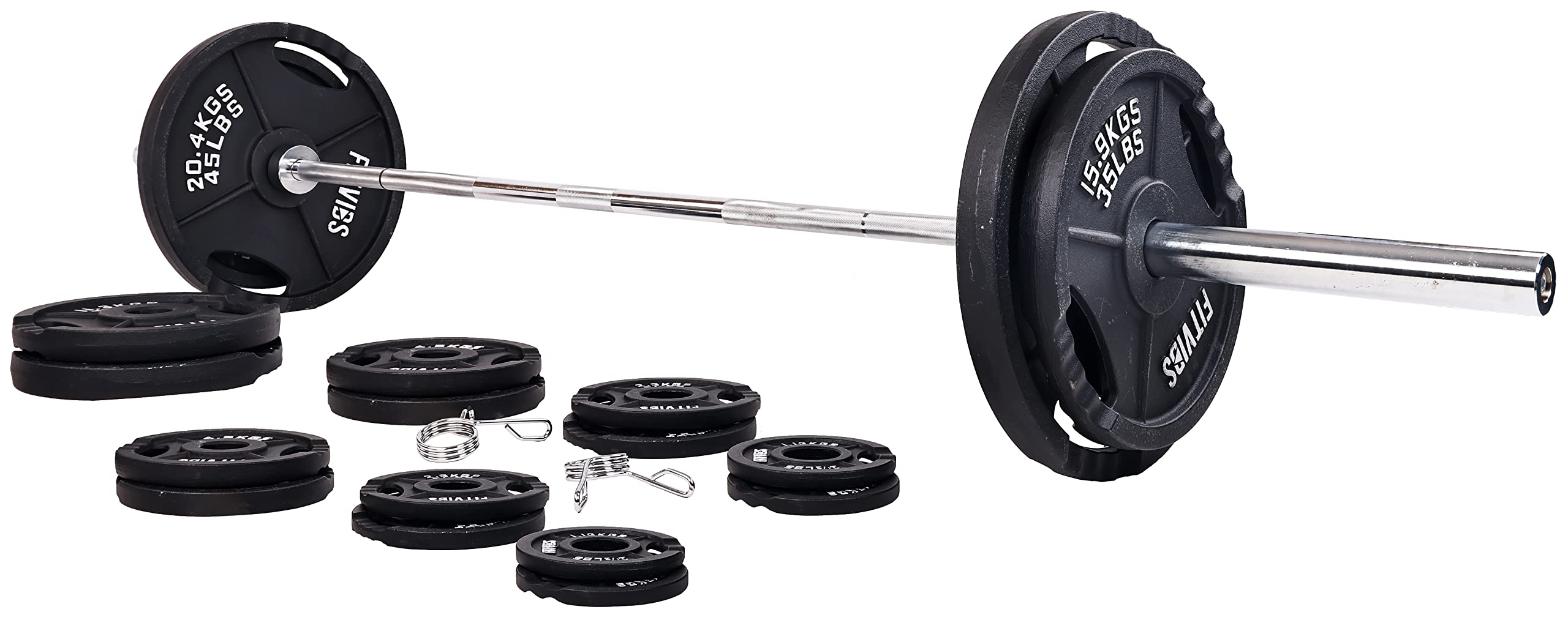 Signature Fitness Cast Iron Olympic 2-Inch Weight Plates Including 7FT Olympic Barbell, 325-Pound Set (280 Pounds Plates + 45 Po