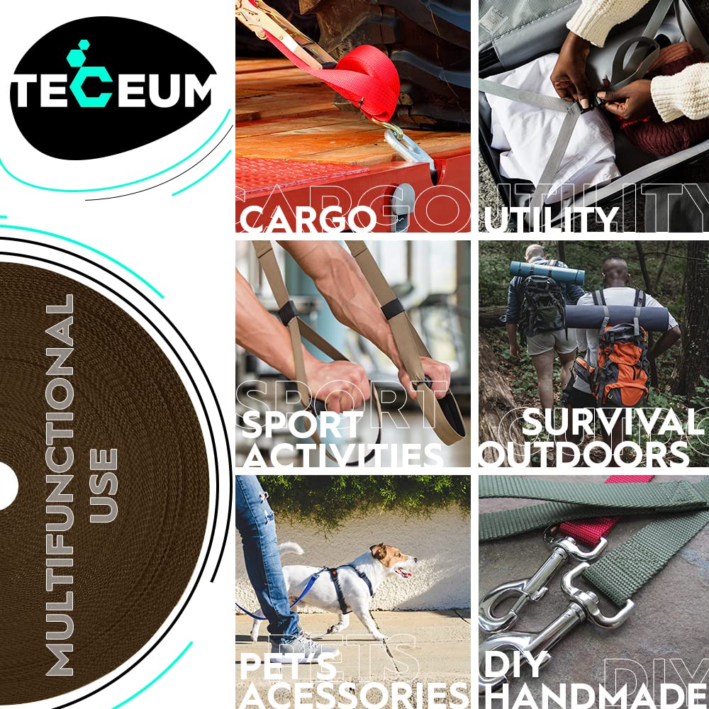 Teceum 2 Inch Webbing - Brown - 25 Yards - 2    Heavy-Duty Wide Webbing For Climbing Outdoors Indoors Crafting Diy