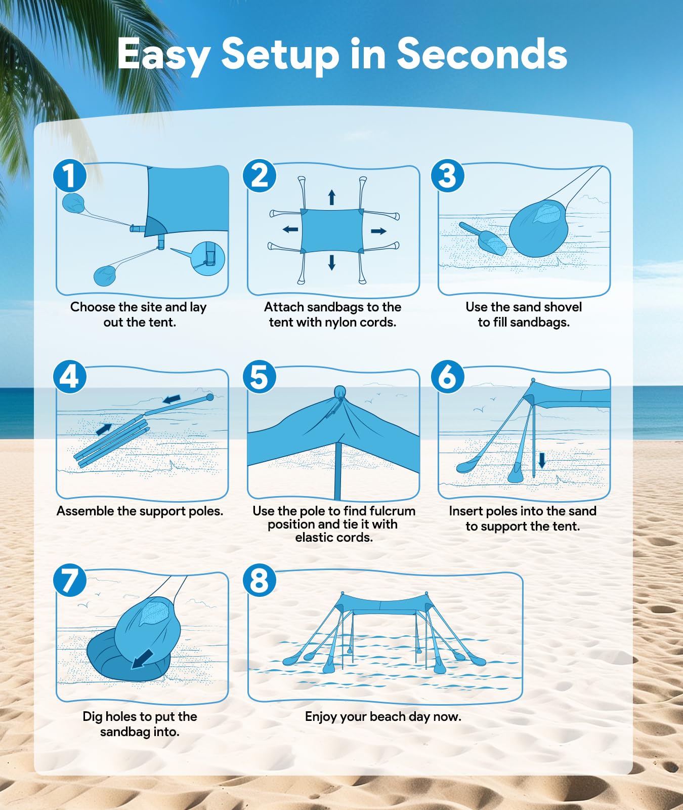 Raynesys Beach Tent Sun Shelter, 10 X 10 Ft Beach Canopy Tent Sun Shade, Upf50+ Tents Canopy With 8 Sandbags & 4 Stability Poles