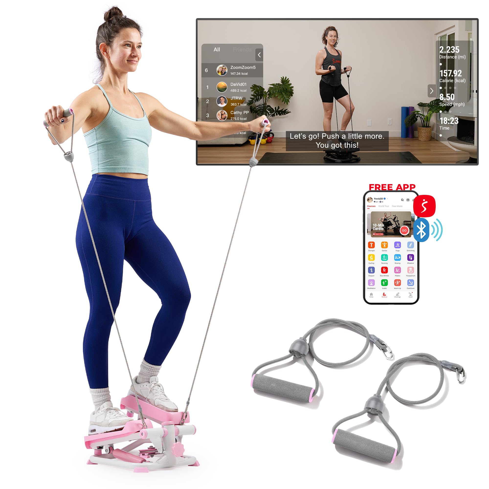 Sunny Health & Fitness Total Body 2-in-1 Stepper Machine, Total Body Workout, Adjustable Hydraulic, Resistance Bands, Non-Slip P