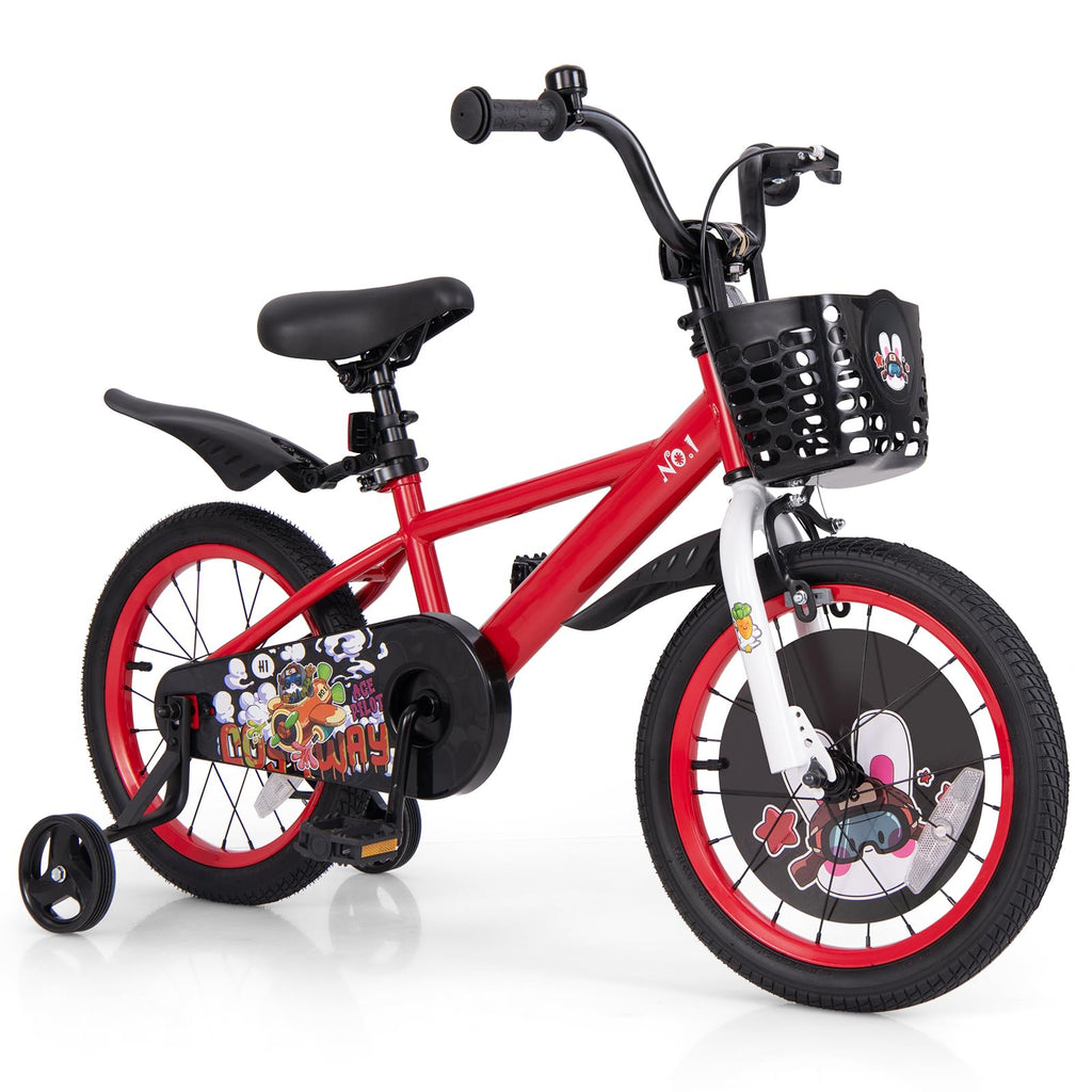 BABY JOY Kids Bike, 16 Inches Child Bike for 4-7 Years Old with Adjustable Height, Training Wheels, Storage Basket, Handbrake & 