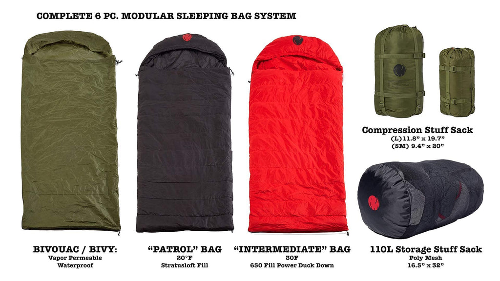Omnicore Designs Mil-Spec 6-Pc. Hooded Rectangular Modular Sleeping Bag System 30F To -30F