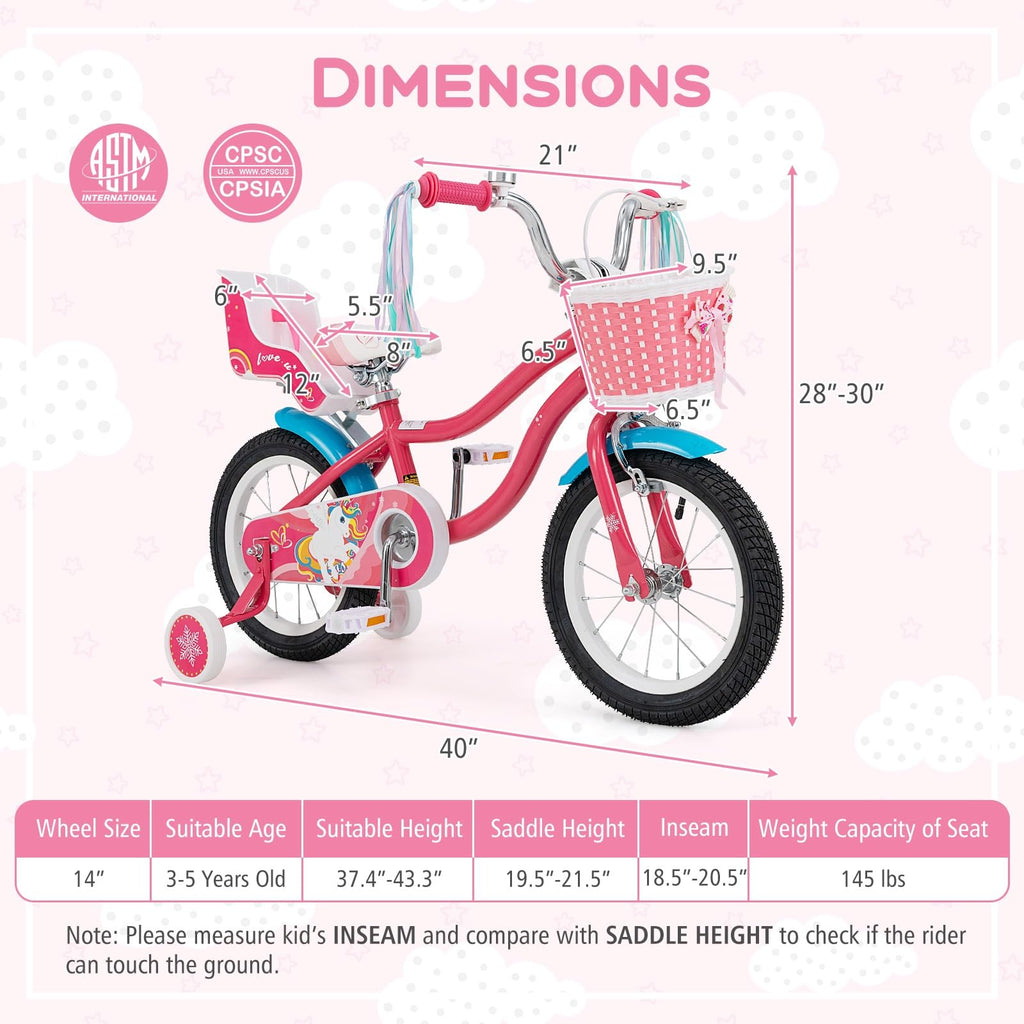 Baby Joy Kids Bike, 14 Inch Children Bicycle W/Basket, Doll Seat, Colorful Streamers, Training Wheels, Adjustable Seat & Handleb