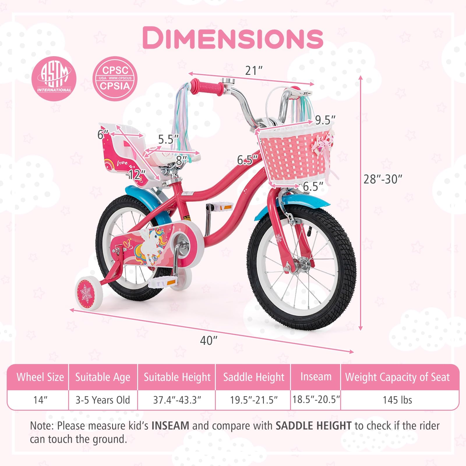 Baby Joy Kids Bike, 14 Inch Children Bicycle W/Basket, Doll Seat, Colorful Streamers, Training Wheels, Adjustable Seat & Handleb