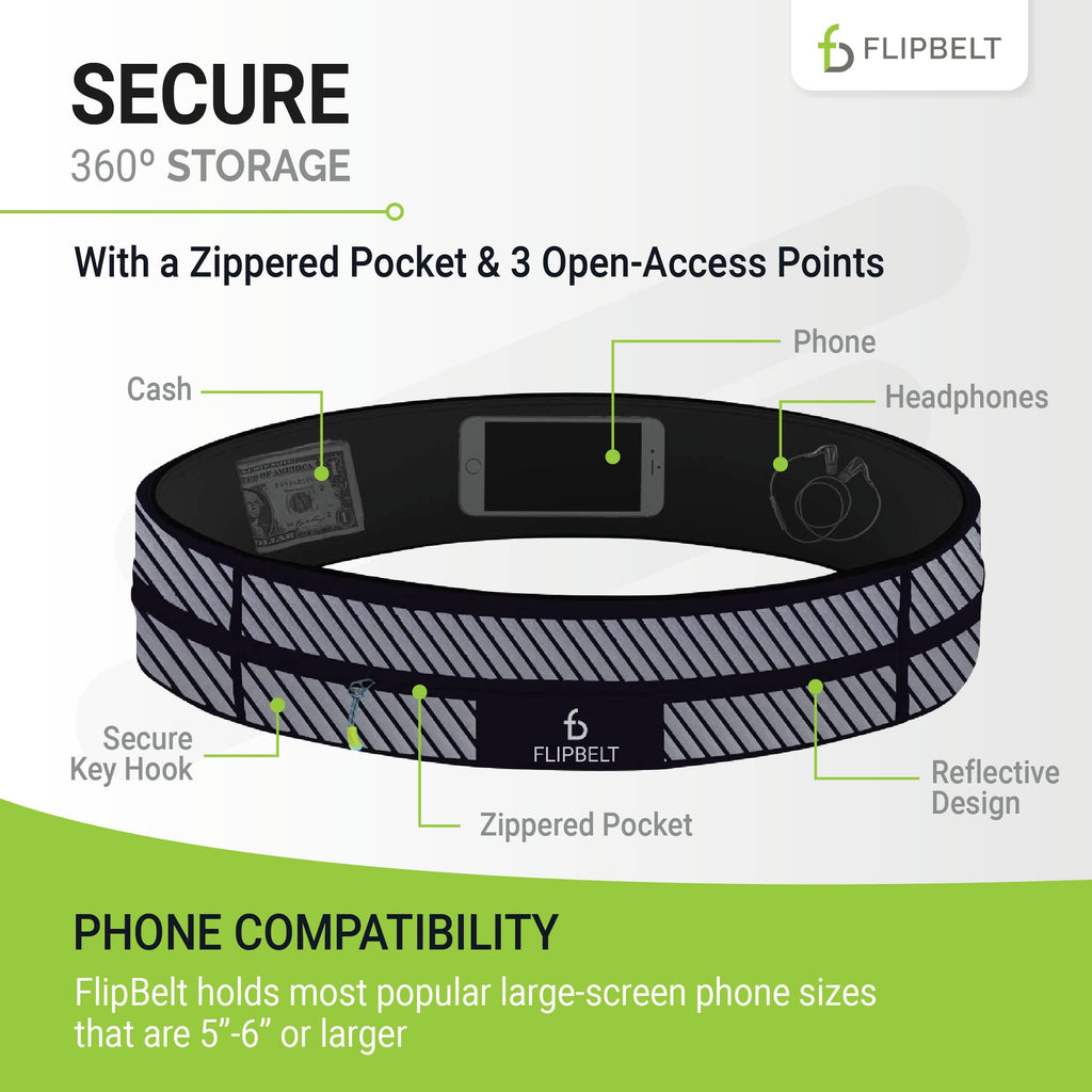 FlipBelt Zipper Running Belt for Phone and Small Accessories, Exercise Waist Pouch for Women and Men, S, Reflective Black