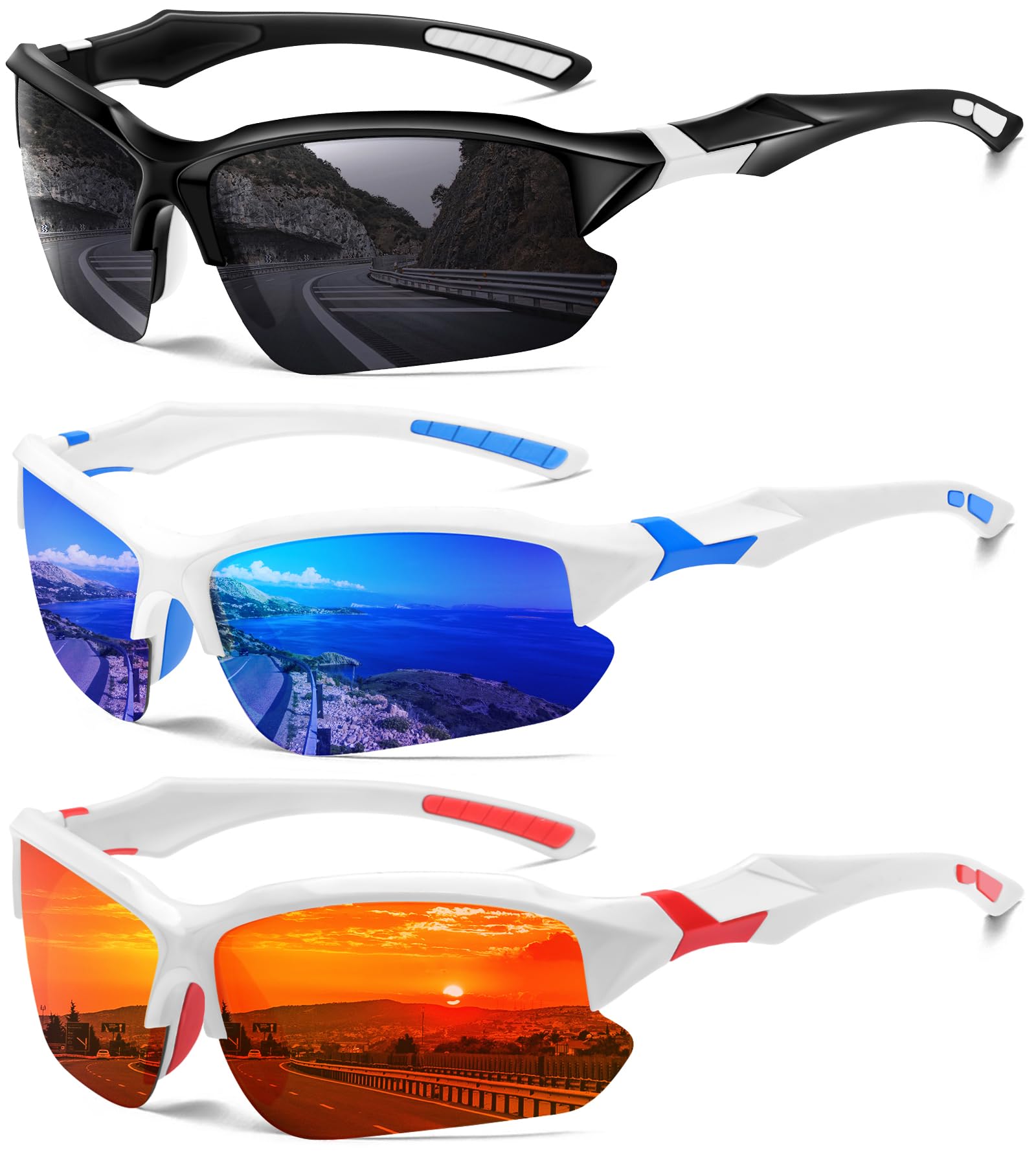 DioKiw 3PACK Sports Polarized Sunglasses for Men Cycling Running Fishing UV400 Protection Sun Glasses Lightweight Half Frame Gog