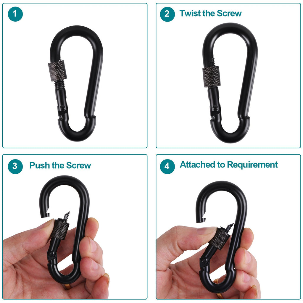 Bewishome 4 Pack Carabiner Solid Metal D Clips Black Carabiner With Heavy Duty 500Lbs Screw Gate Multifunctional Hammock Locking