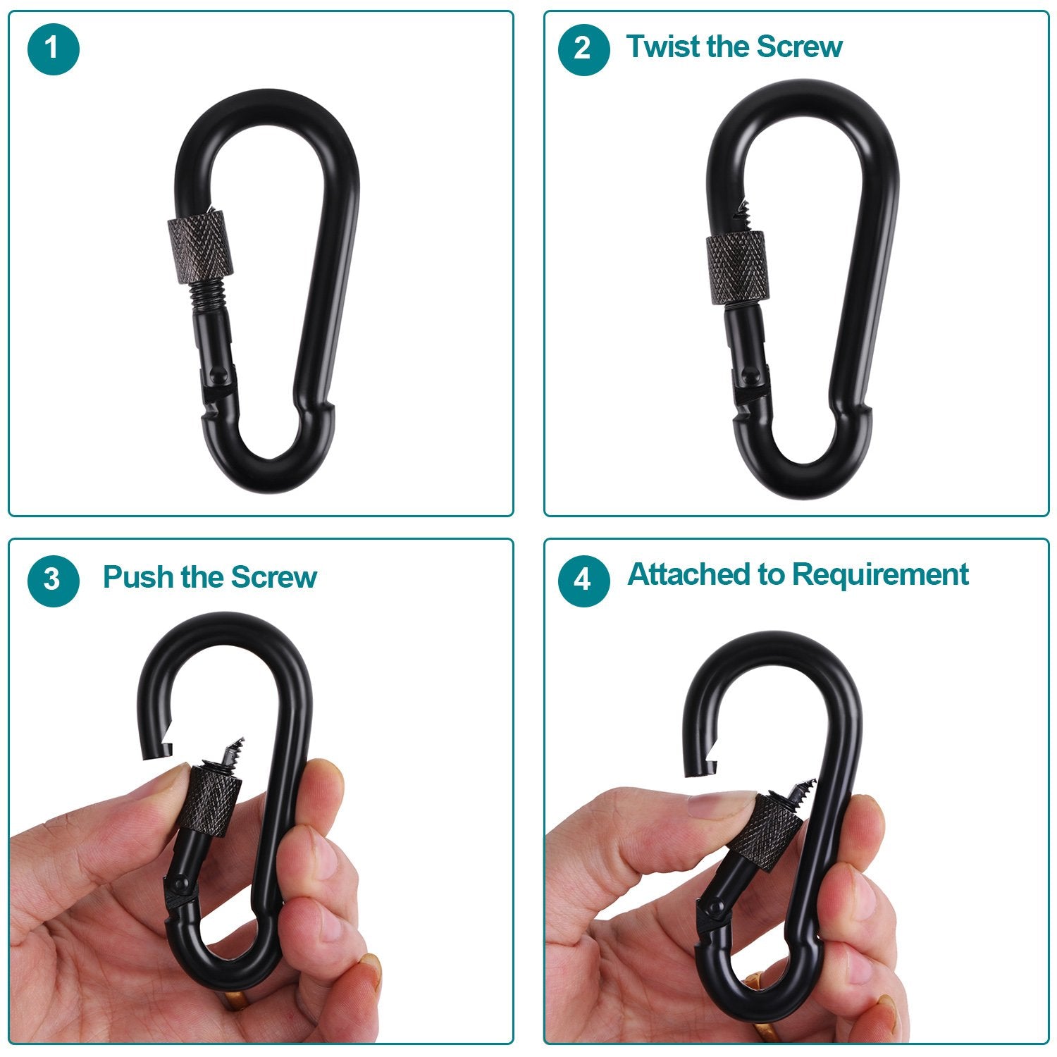 Bewishome 4 Pack Carabiner Solid Metal D Clips Black Carabiner With Heavy Duty 500Lbs Screw Gate Multifunctional Hammock Locking