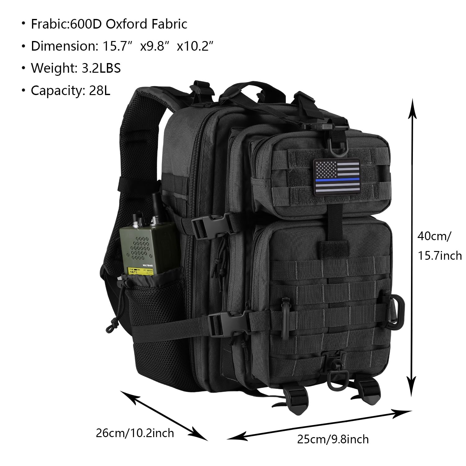 Hannibal Tactical 30L Molle Assault Pack, Tactical Backpack Military Army Camping Rucksack With Bottle Holder, 3-Day Pack, Black