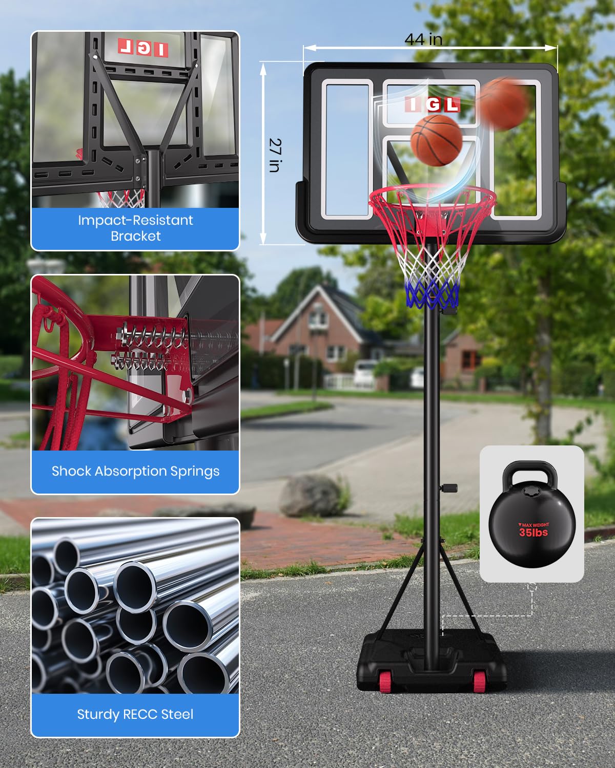 IGL Basketball Hoop Outdoor, 44 Inch Portable Basketball Hoops, 5.6-10 FT Adjustable Basketball Goal System with 35 LB Base Anch