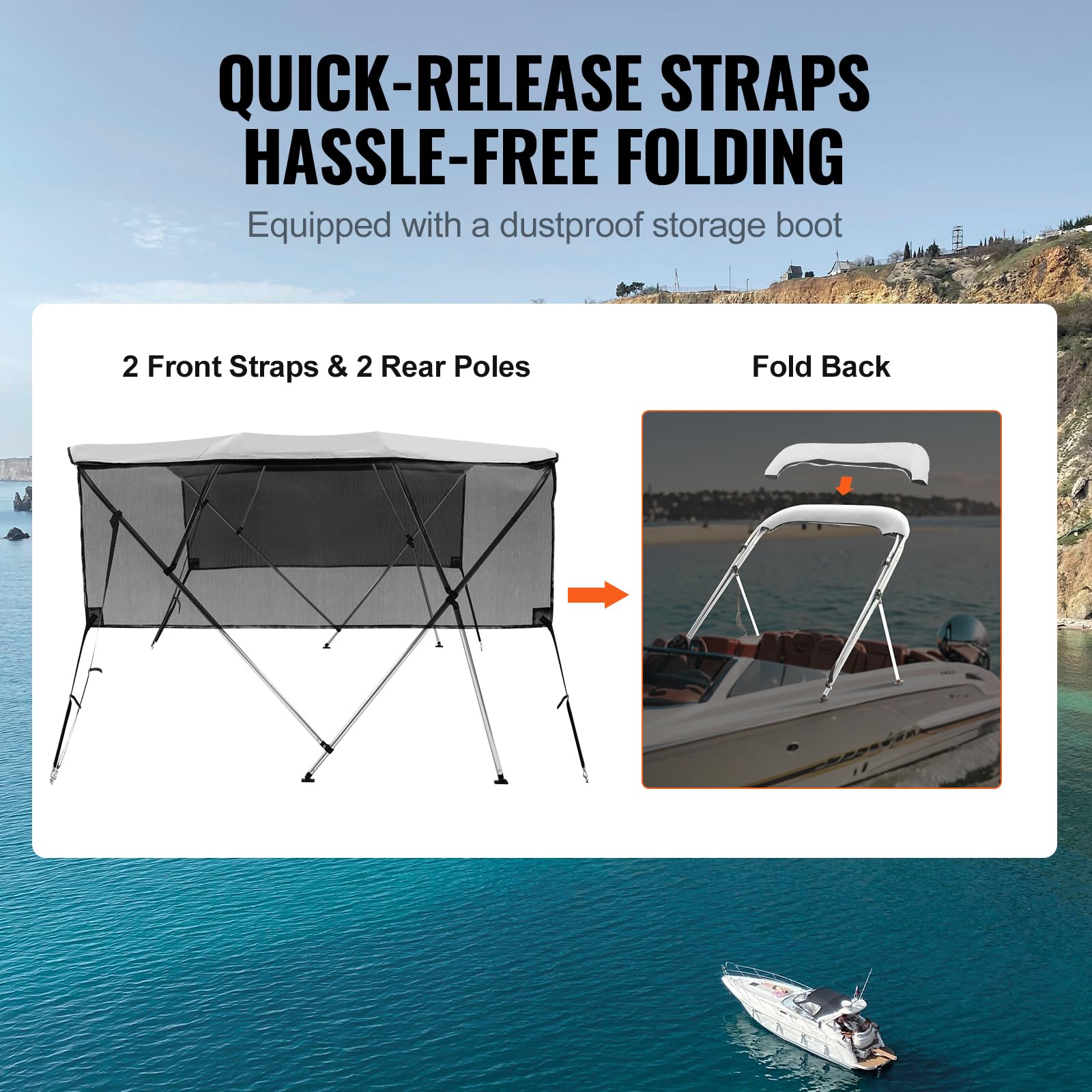 Vevor 4 Bow Bimini Top Boat Cover, Detachable Mesh Sidewalls, 600D Polyester Canopy With 1'' Aluminum Alloy Frame, Includes Stor