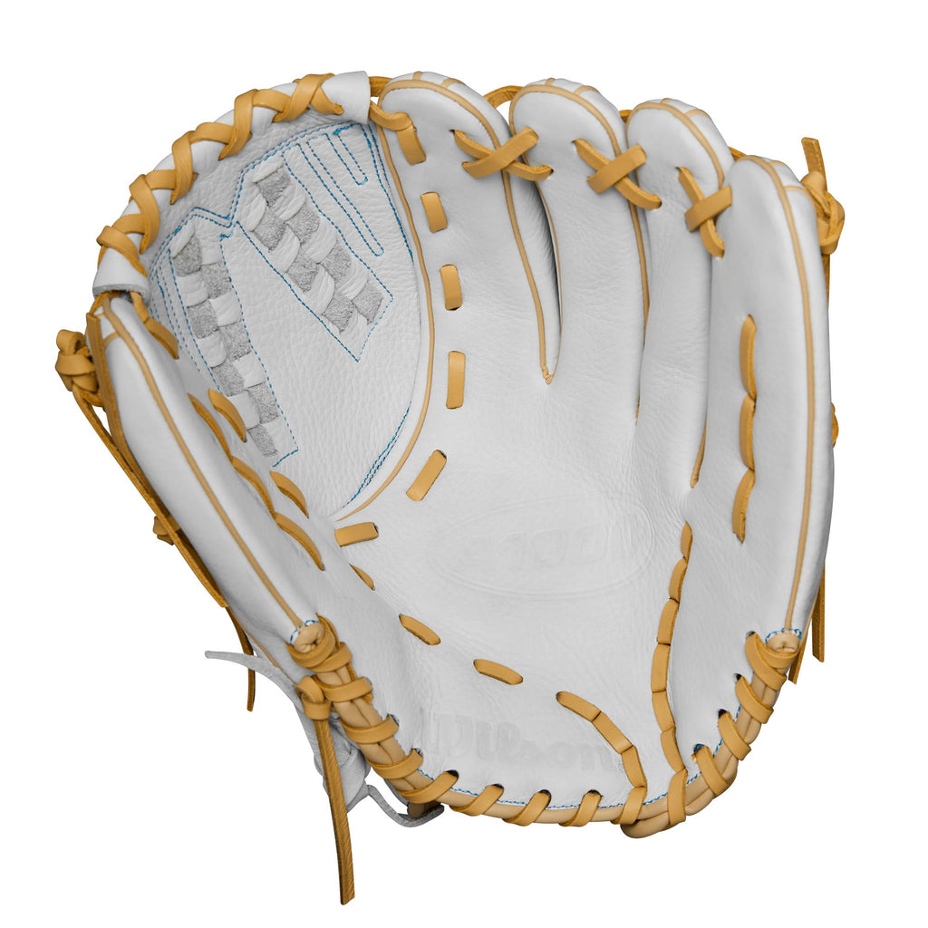 Wilson 2024 A1000 V125 12.5    Outfield Fastpitch Softball Glove - White/Blue/Blonde, Left Hand Throw