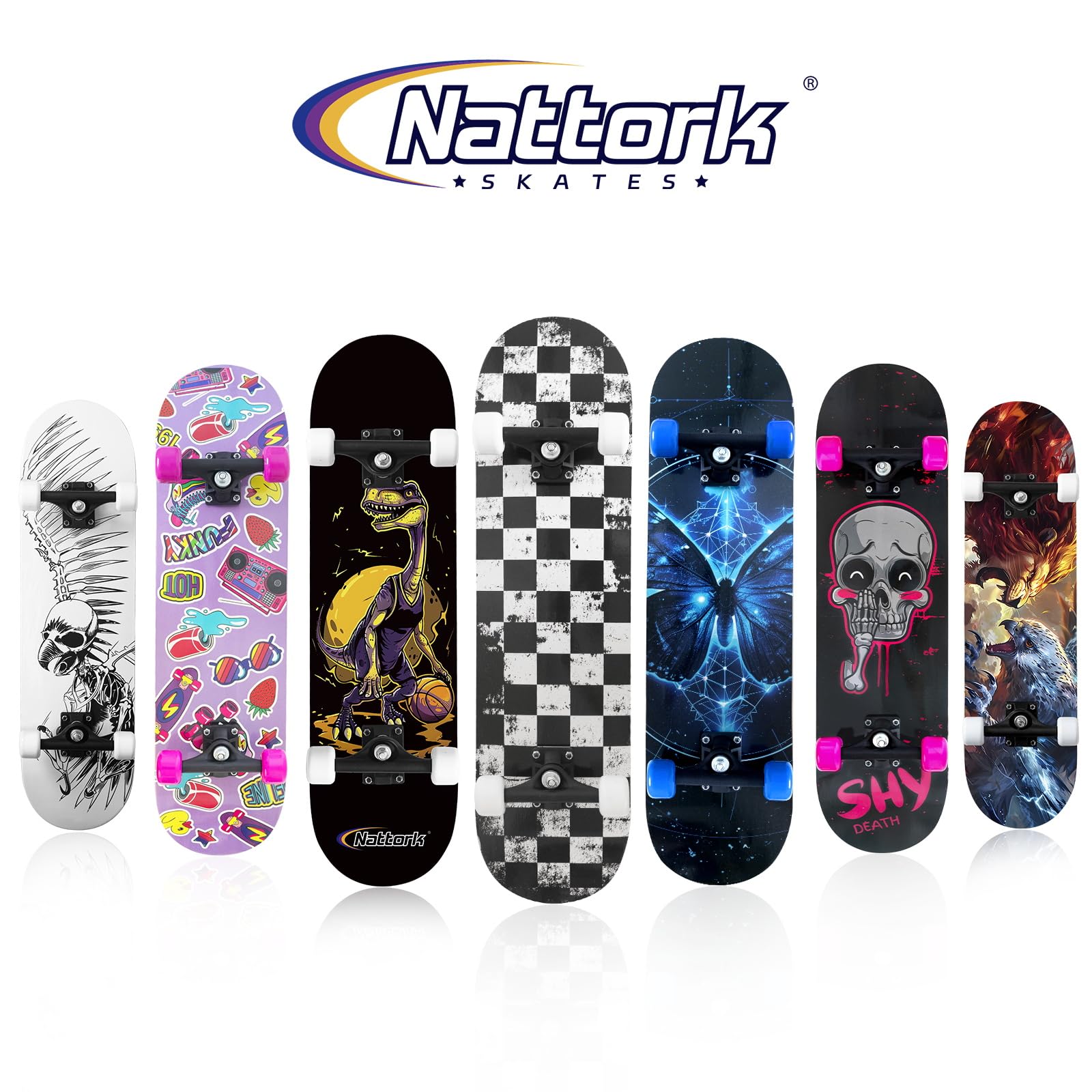 Nattork Skateboards 31 Inch Pink Skeleton Complete Skateboard Wood 9 Layer Canadian Maple Trick Skate Boards for Boys Girls Yout