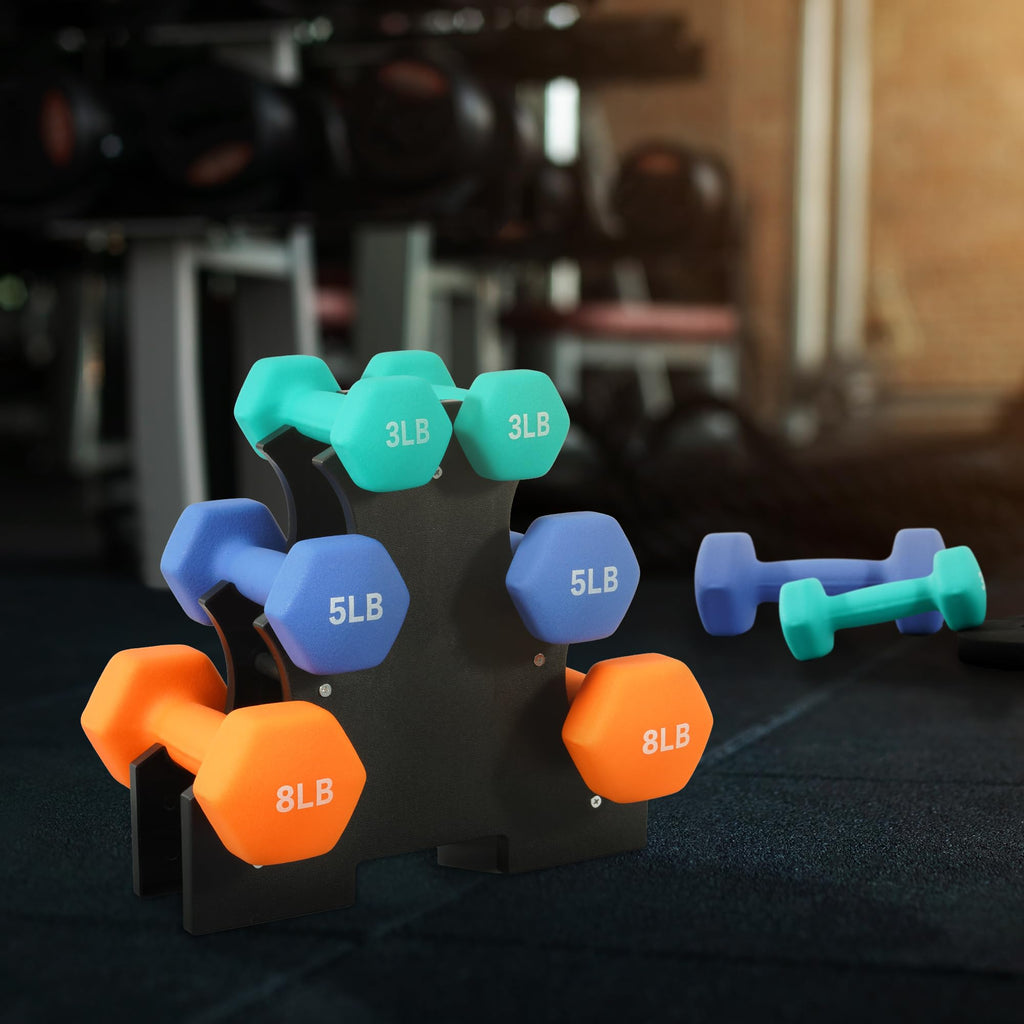 Fitvids Colored Neoprene Dumbbell Set with Rack, 32 LBS (3/5/8LB Pairs)