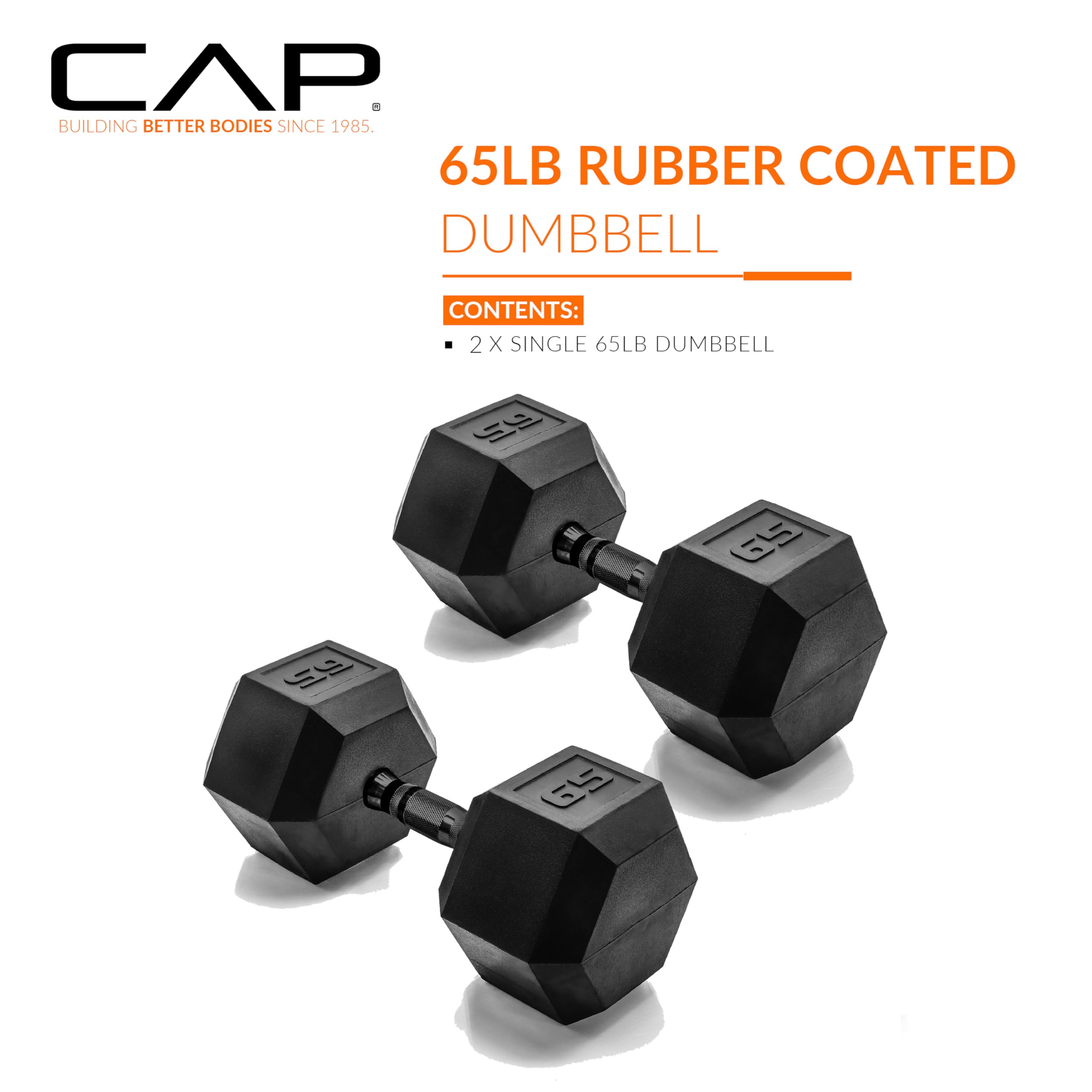 CAP Barbell 65 LB Rubber Coated Hex Dumbbell Hand Weight - Pair | Black Handle