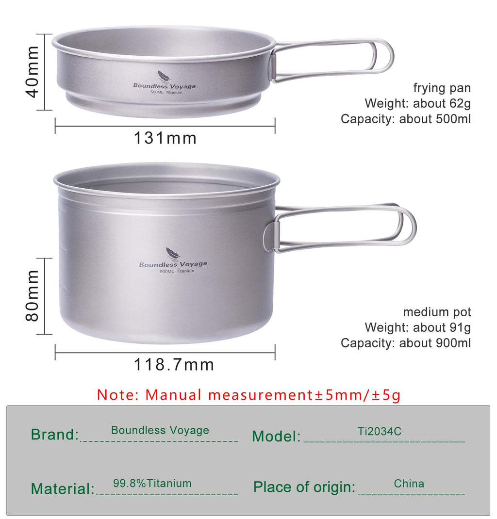 Usharedo Camping Pot Bowl Frying Pan Mess Kit Titanium Pot Pan Set With Folding Handle Outdoor Cookware Ti1585B