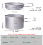 Usharedo Camping Pot Bowl Frying Pan Mess Kit Titanium Pot Pan Set With Folding Handle Outdoor Cookware Ti1585B