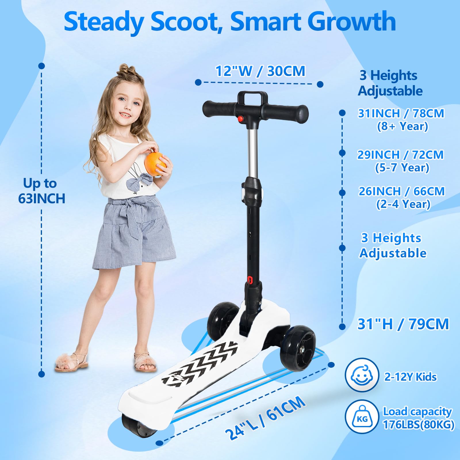 Electric Scooter for Kids Ages 3-12, 3-Wheel Foldable Scooter with Full Body Lights, Wide Deck,3 Adjustable Heights, 5MPH Safe S