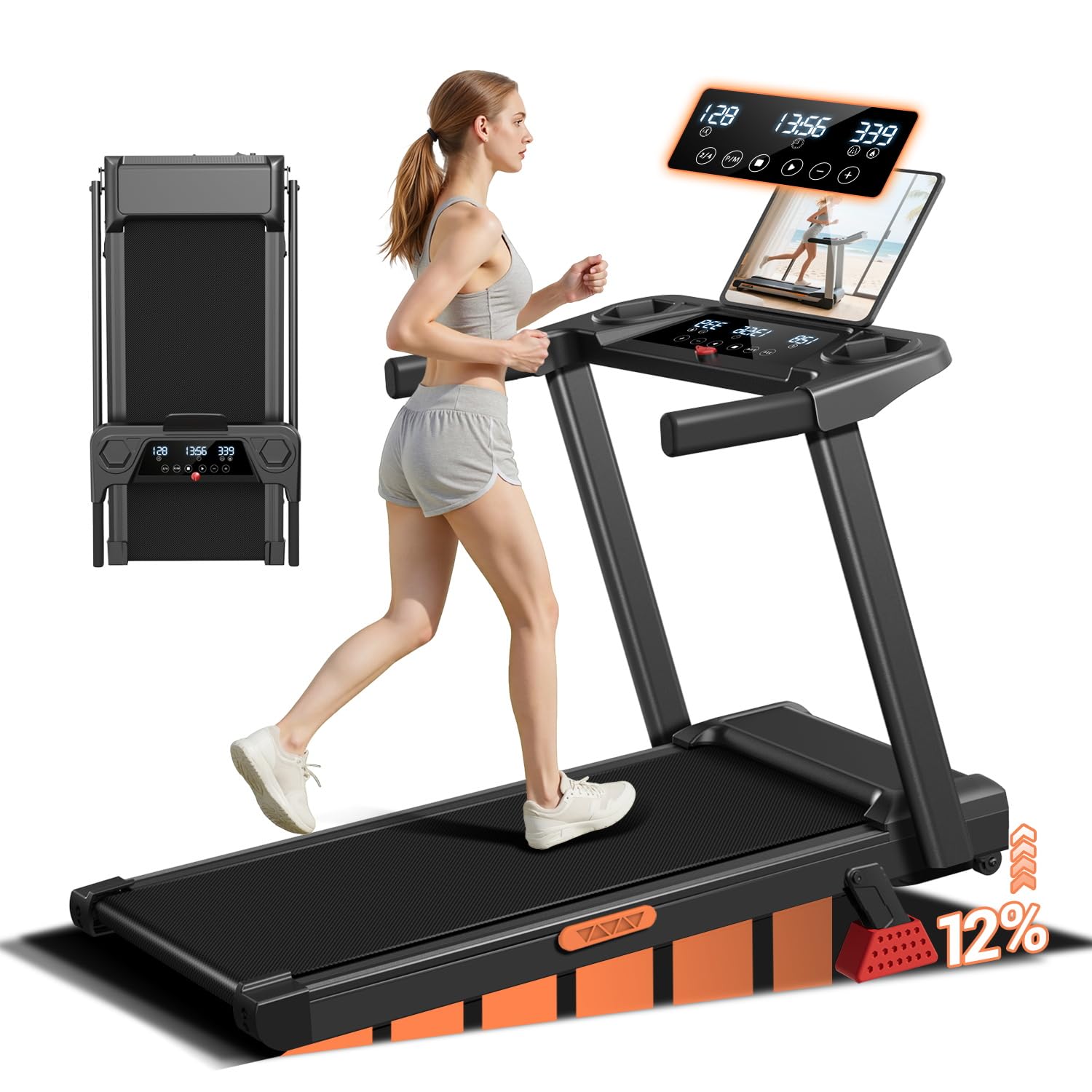 12% Incline Treadmill with Handle, 3-in-1 Portable Treadmills for Home and Office, Foldable Treadmills with 300 Lbs Weight Capac