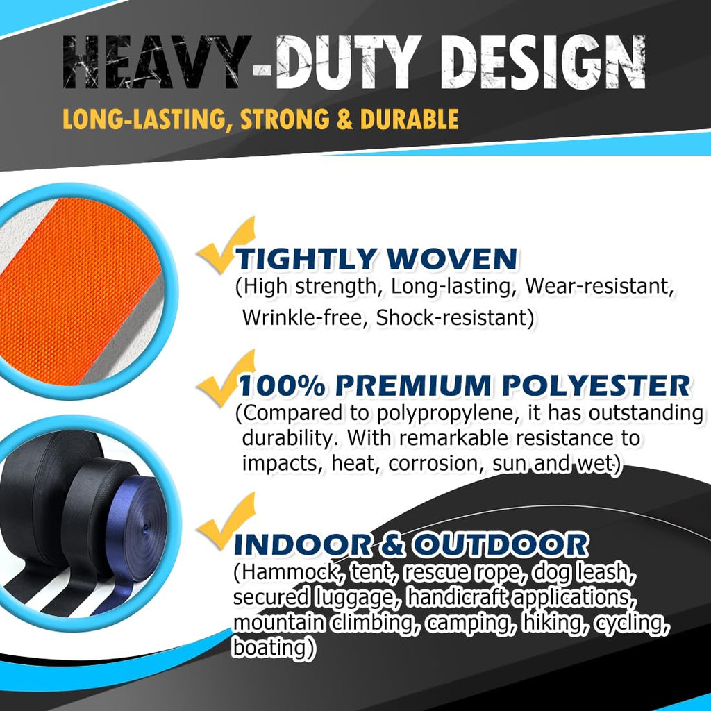 Perkhomy Webbing 1 Inch 1.5 Inch 2 Inch, 10 15 25 30 50 Yards Heavy Duty Strap For Bags, Lawn Chair, Gear, Crafting, Repairing,