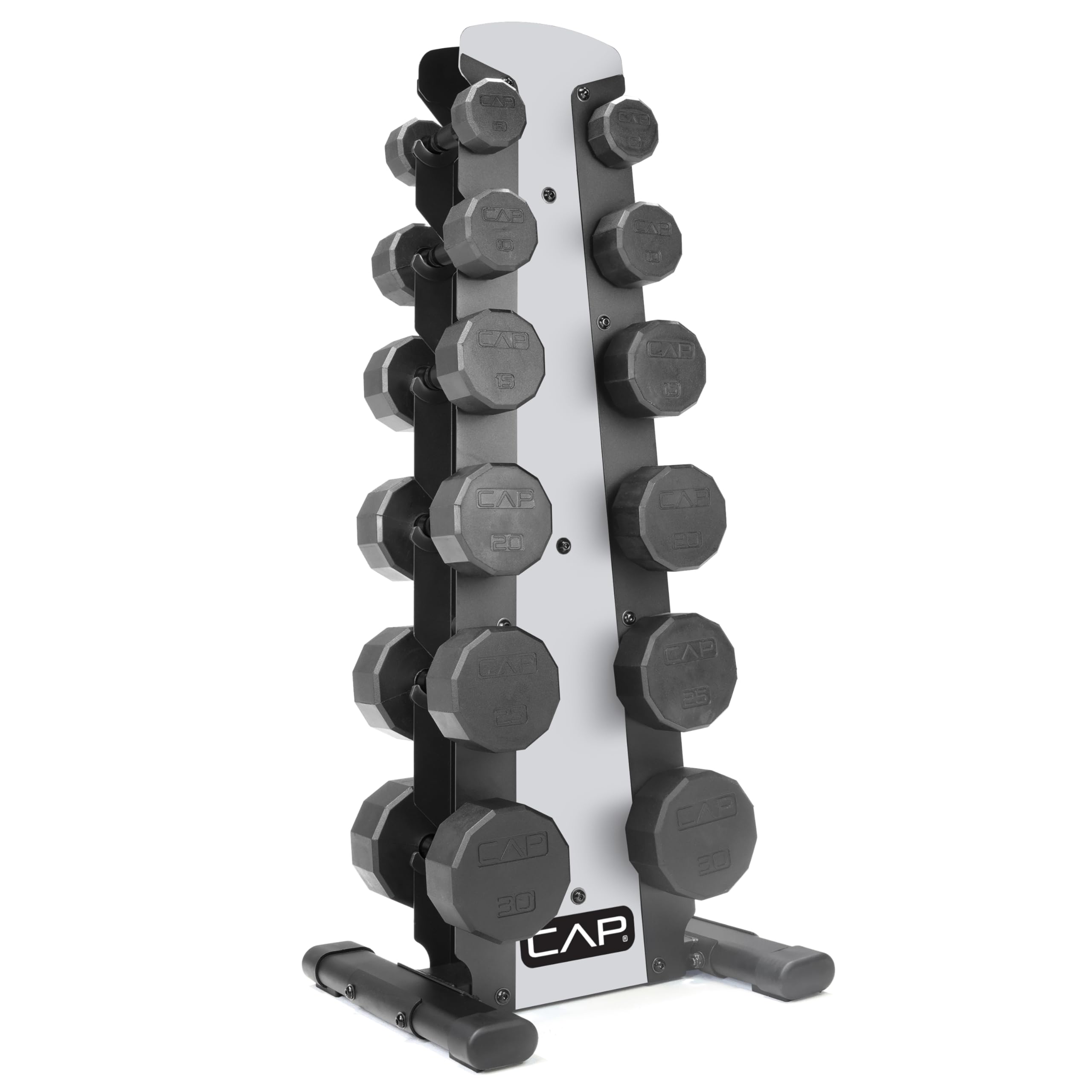 CAP Barbell 210 lb Rubber Coated 12-Sided Dumbbell Set with Vertical Rack, Space-Saving Storage for Home Gym Strength Training, 